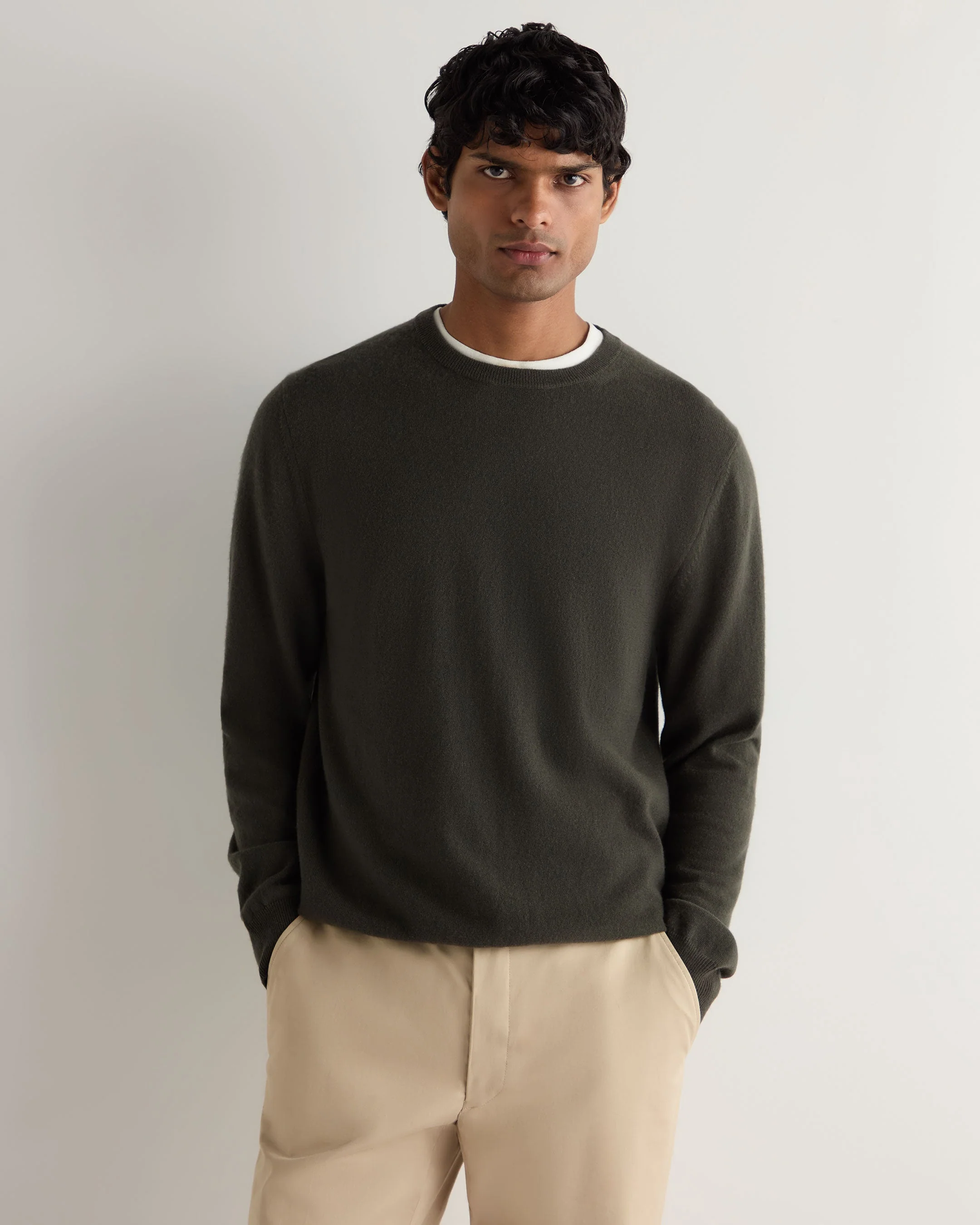 Men's Oxford Round Neck Cashmere Jumper Arabica Khaki Green