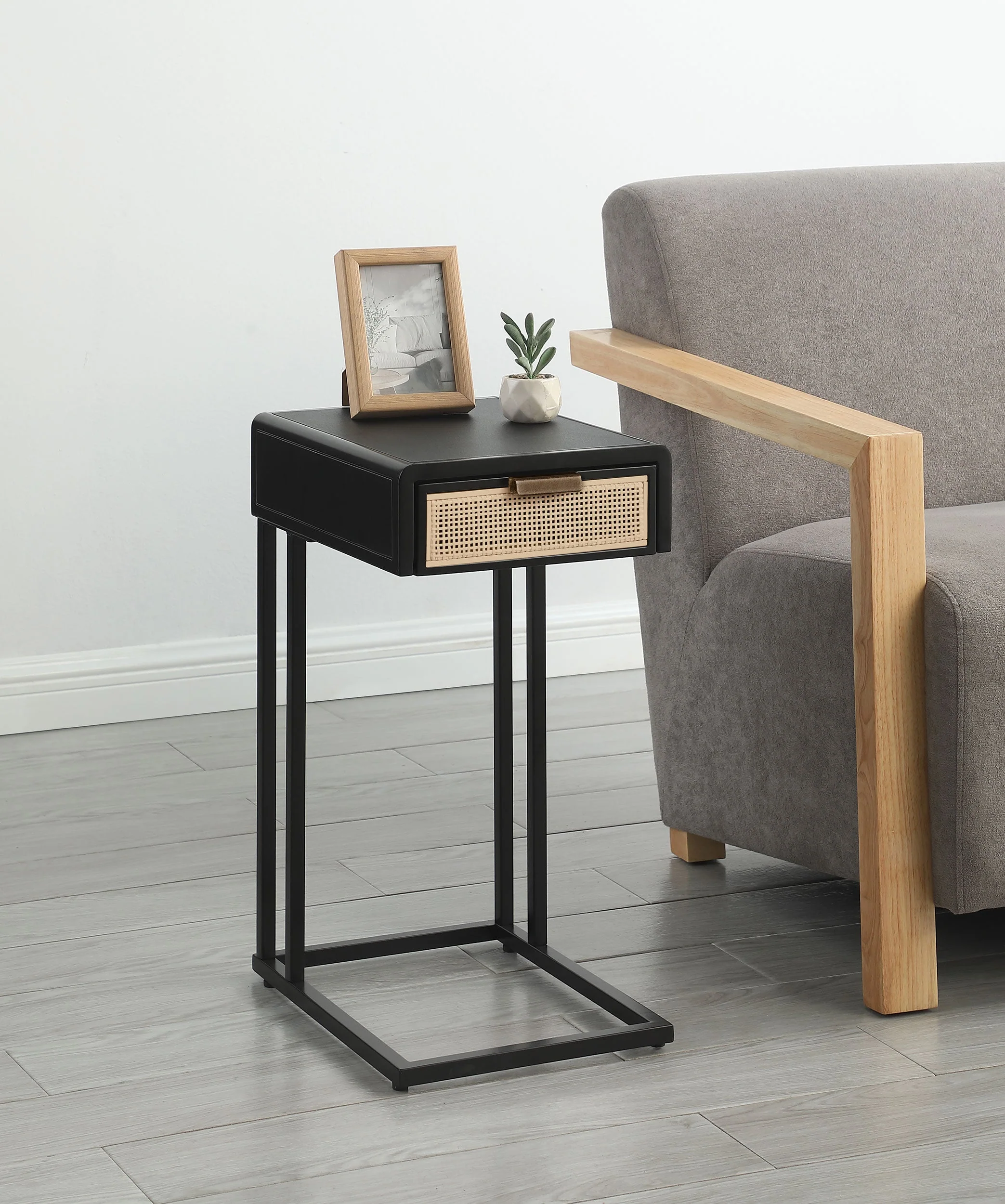 Amherst 1-drawer Radio Weave Cane Metal Side Table Black