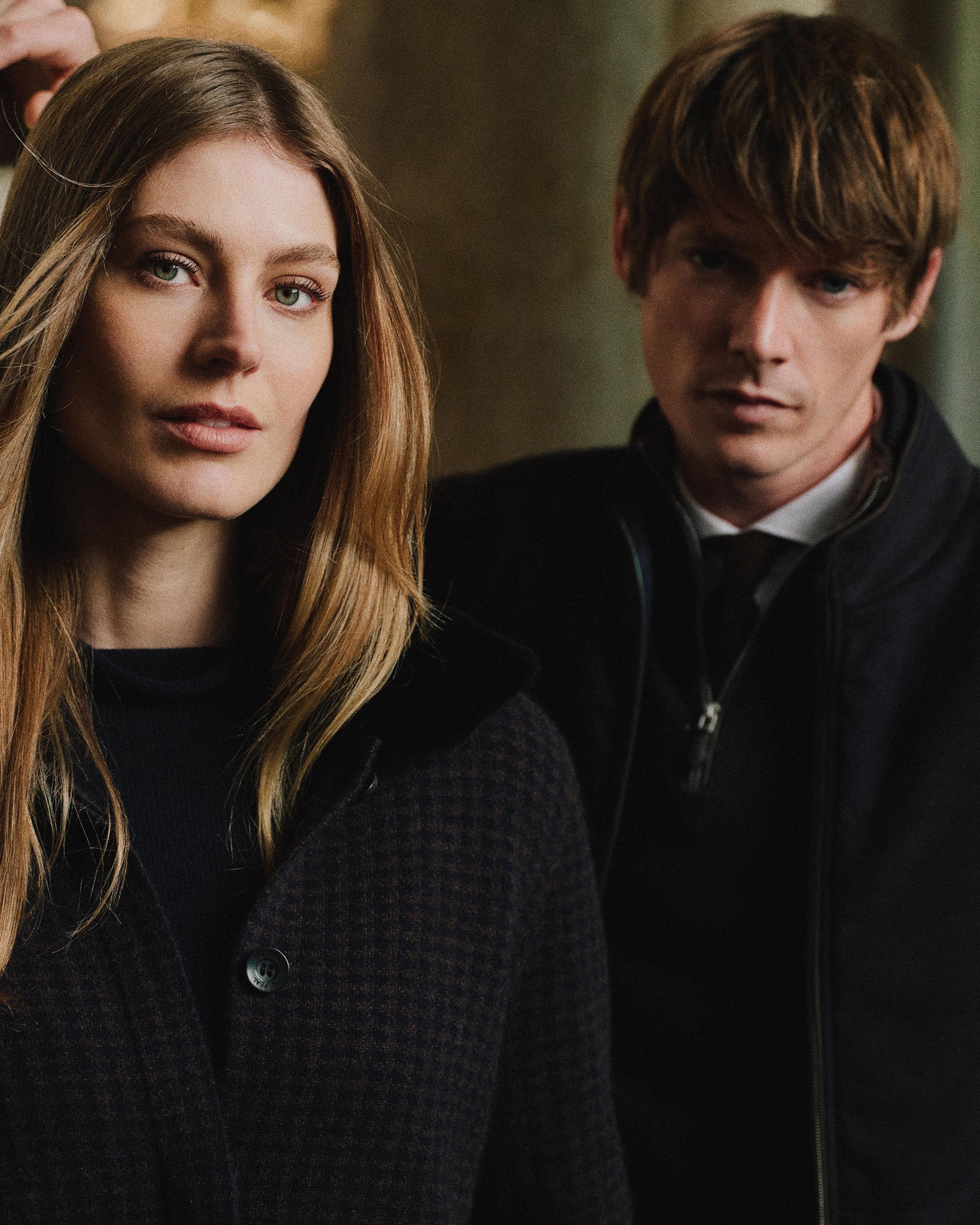 Women's Dogtooth Fur Trim Cashmere Jacket Navy Blue