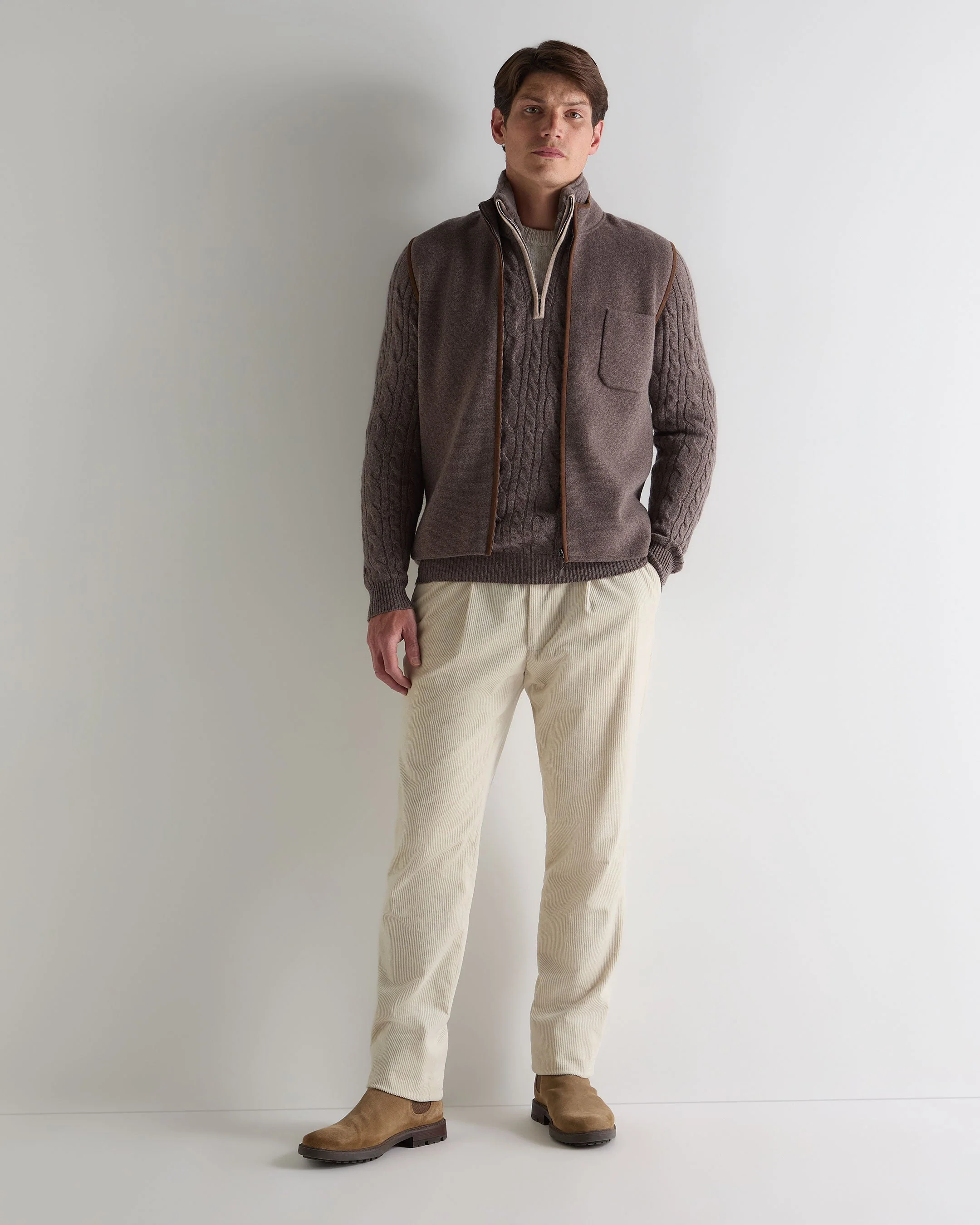 Men's Fur Trim Half Zip Cashmere Jumper Otter Brown