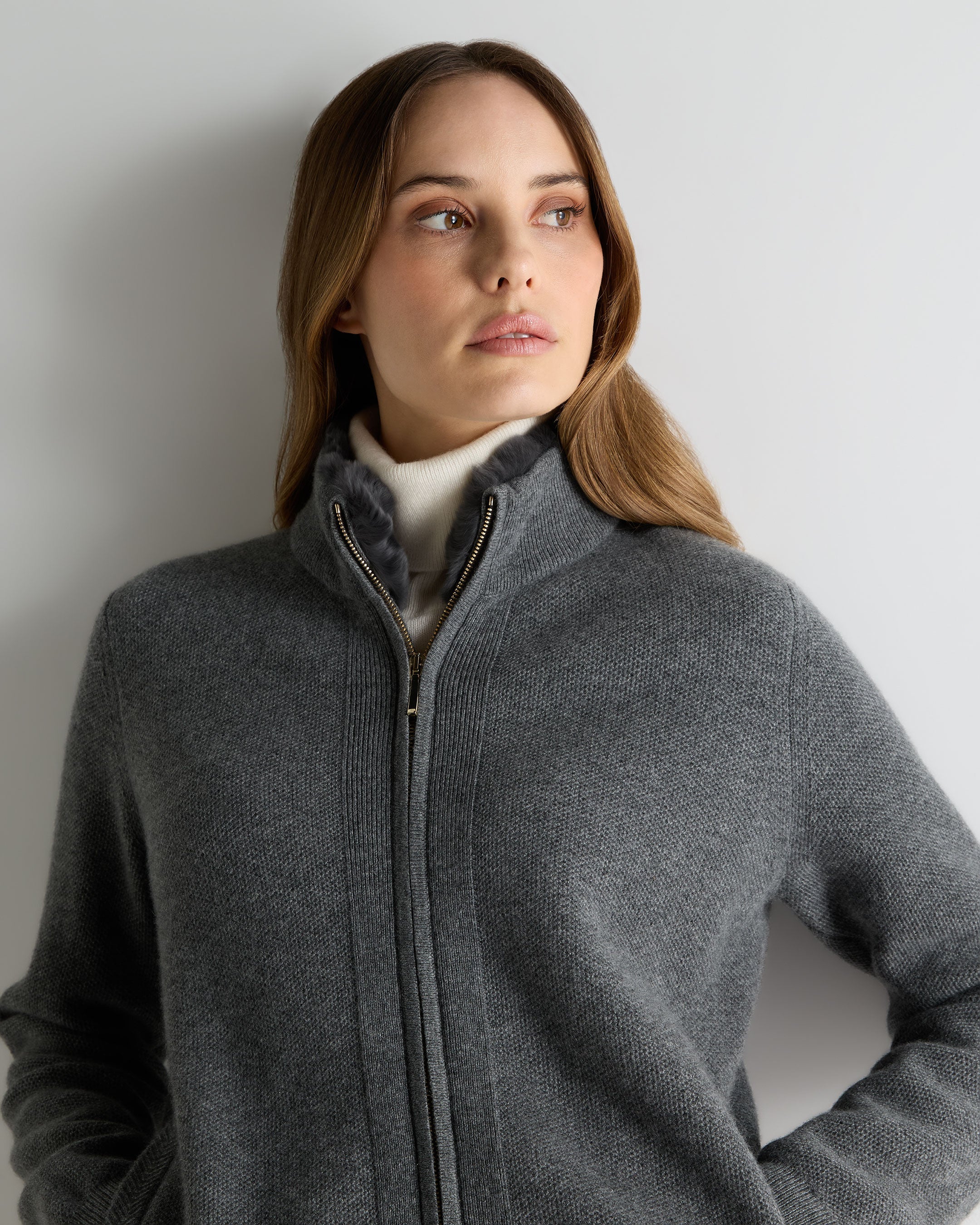 Women's Honeycomb Full Zip Cashmere Jumper With Fur Trim Elephant Grey