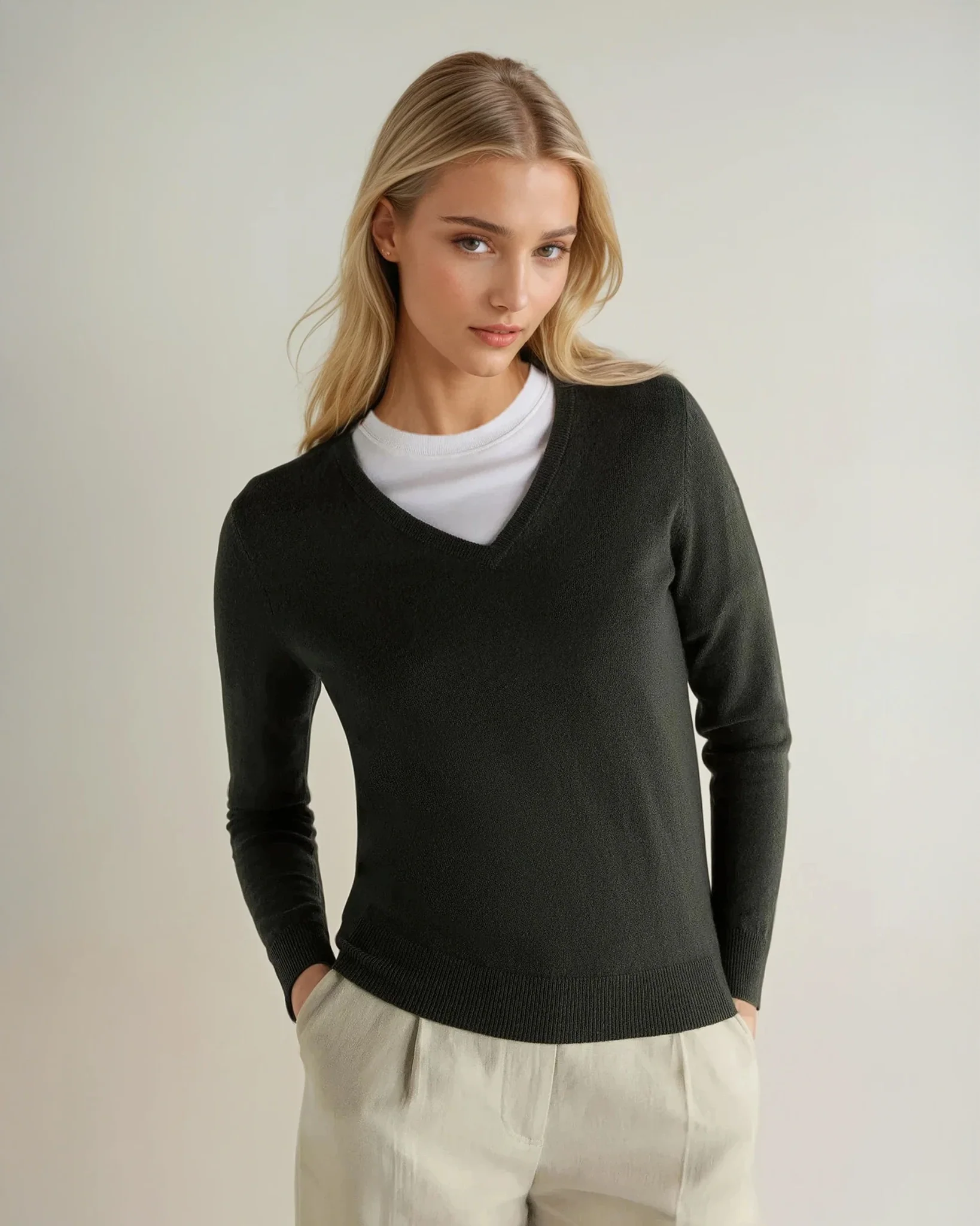Women's Phoebe V Neck Cashmere Sweater Arabica Khaki Green