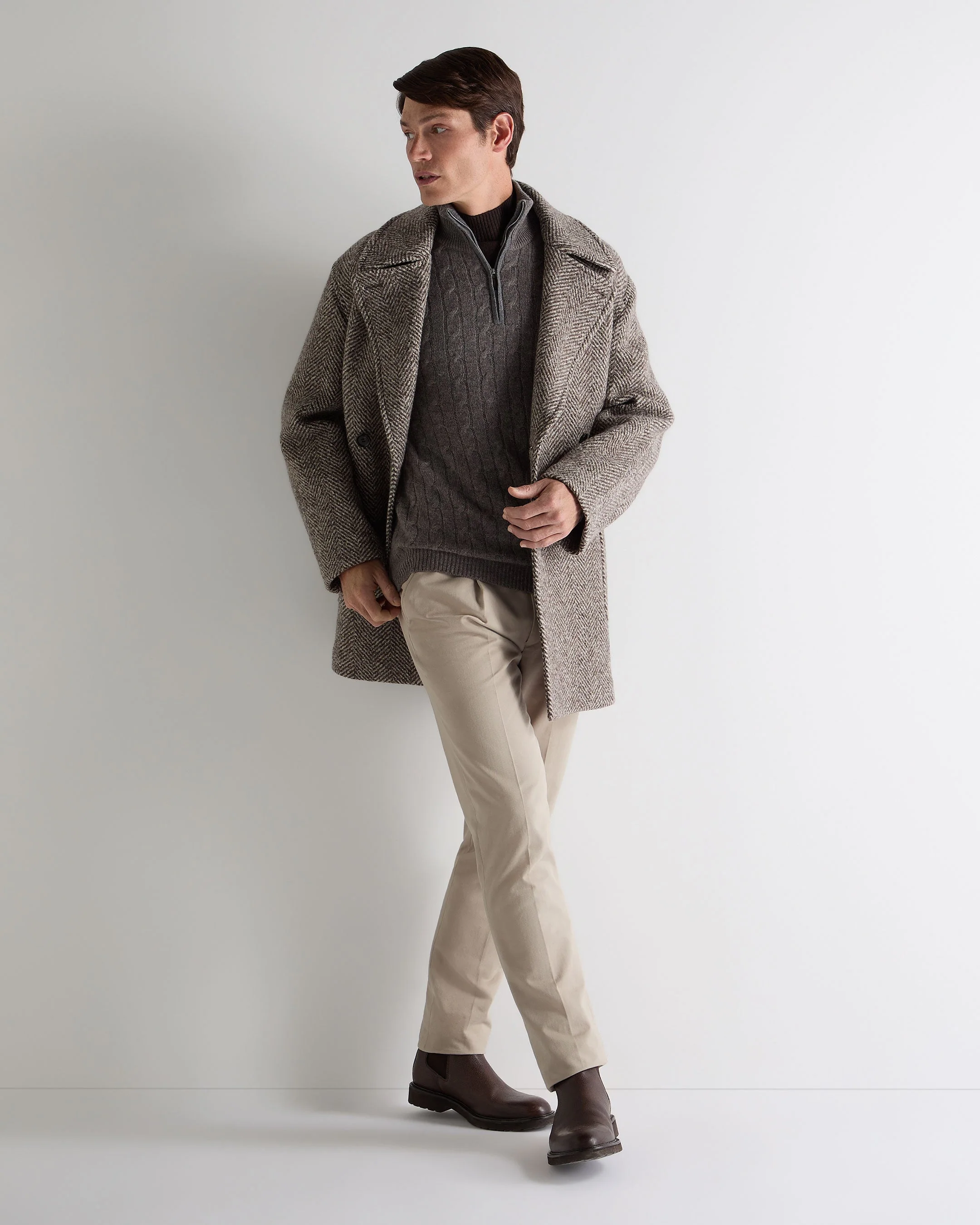 Men's Albemarle Cable Half Zip Cashmere Jumper Wood Smoke Brown