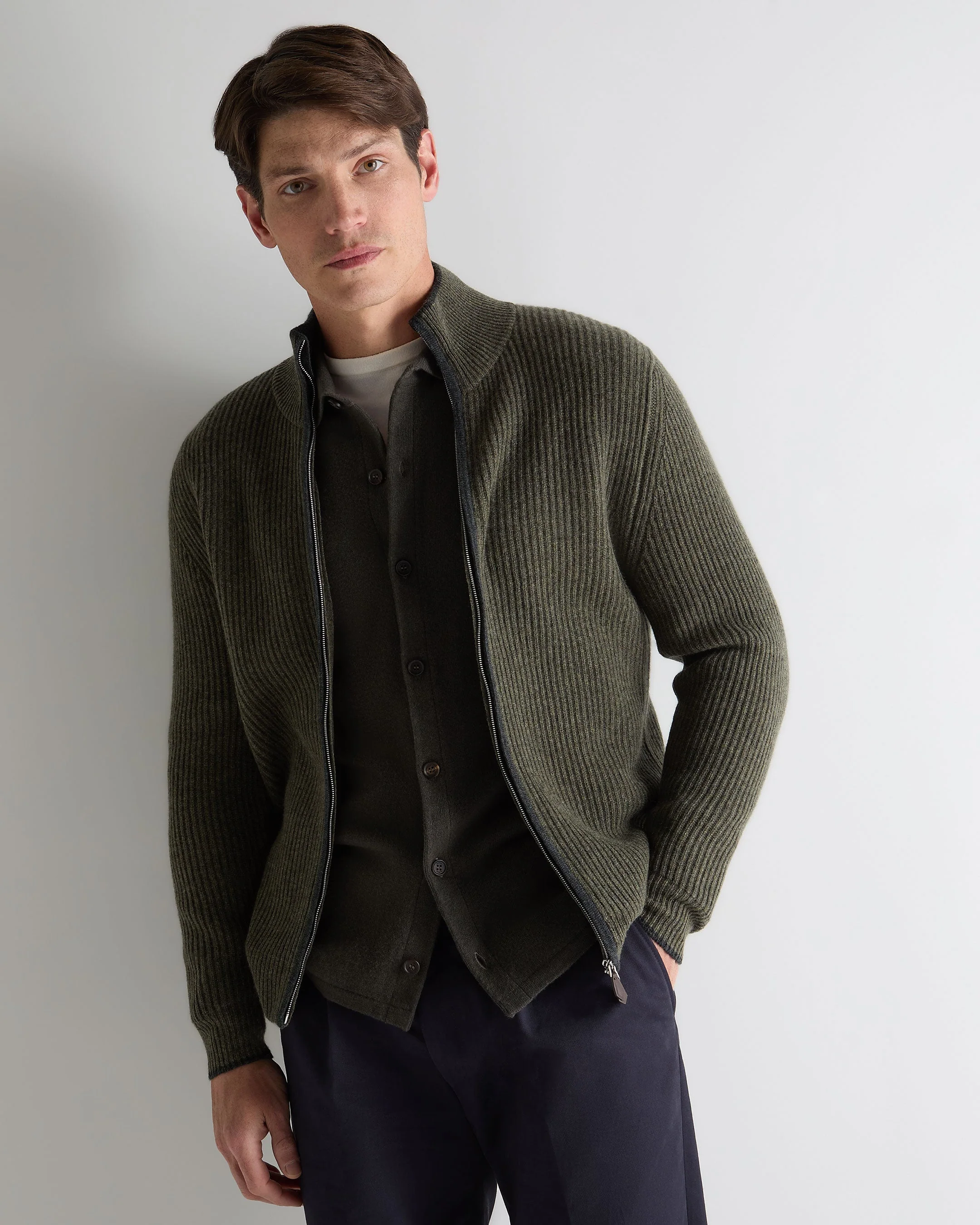Men's Lambeth Rib Full Zip Cashmere Cardigan Moss Green
