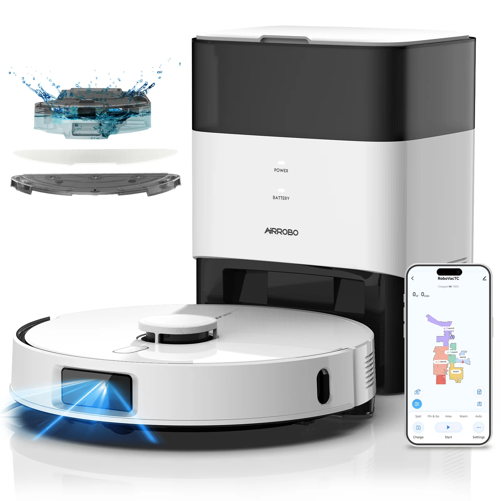 AIRROBO L60+ Self-Empty Robot Vacuum and Mop Cleaner with Ultrasonic Carpet Detection,6000Pa Suction,Laser Obstacle Avoidance,240min Long Runtime