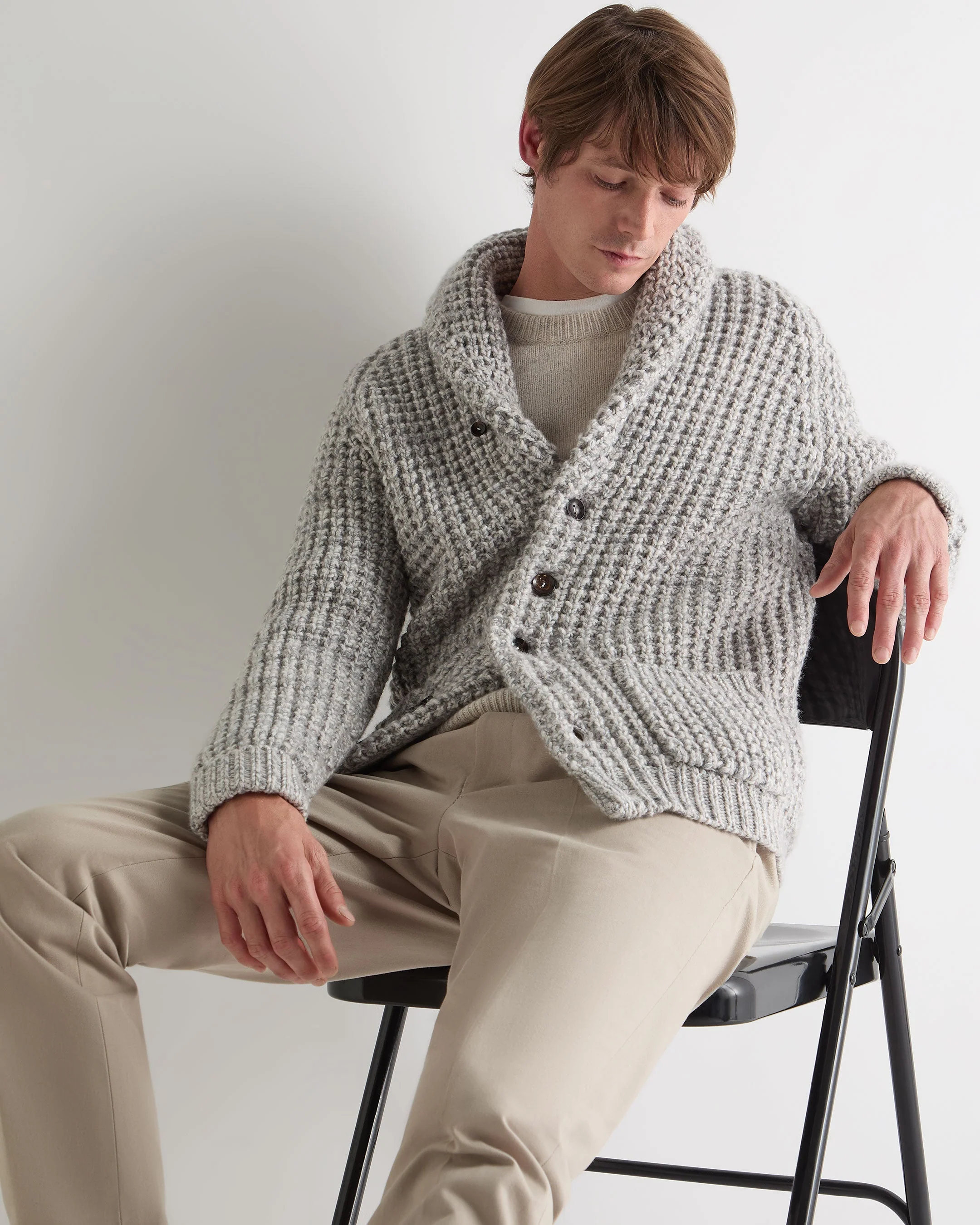 Men's Textured Kensington Cashmere Cardigan Flannel Grey Marl