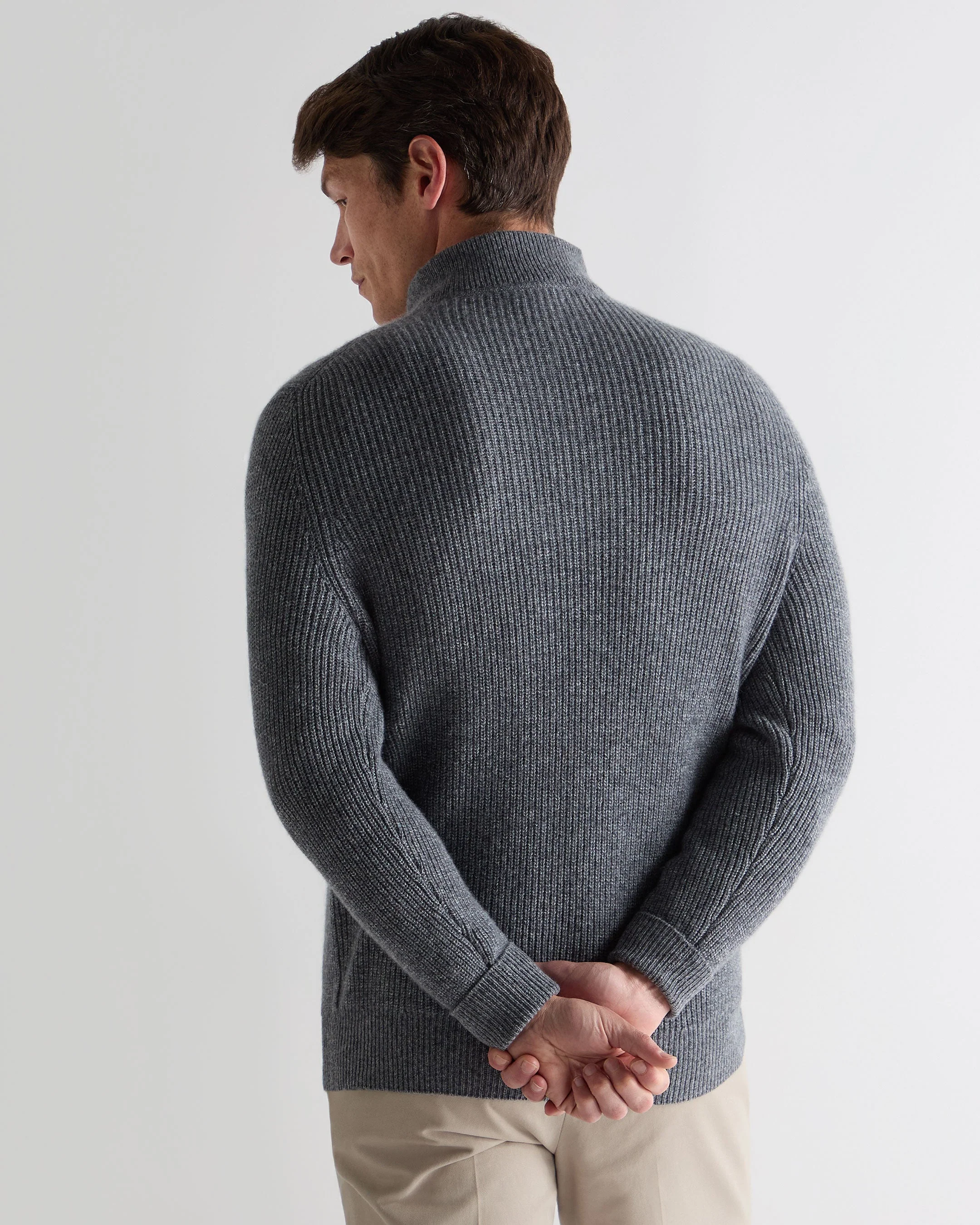 Men's Half Zip Rib Cashmere Jumper Grey Melange