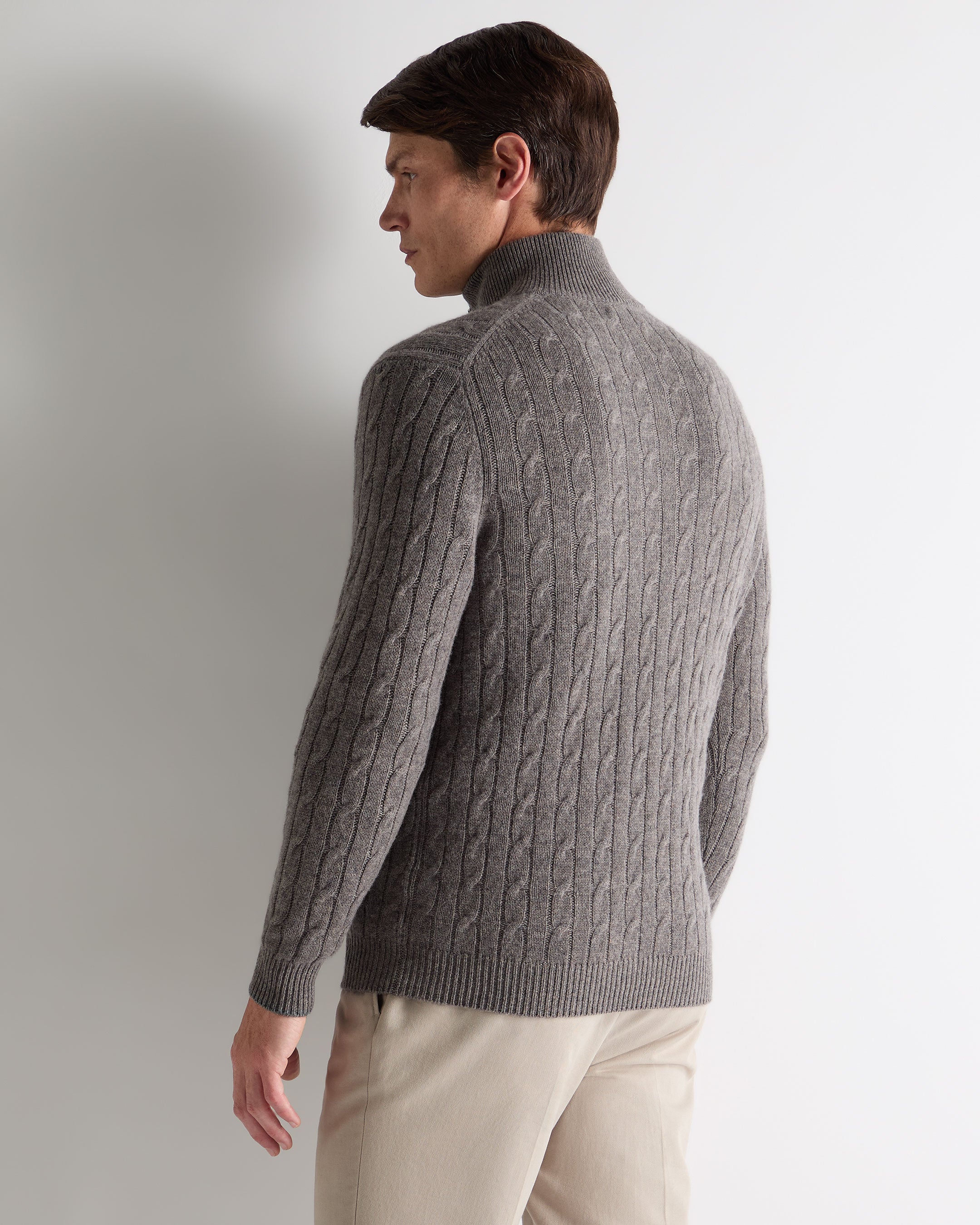 Men's Albemarle Cable Half Zip Cashmere Jumper Wood Smoke Brown