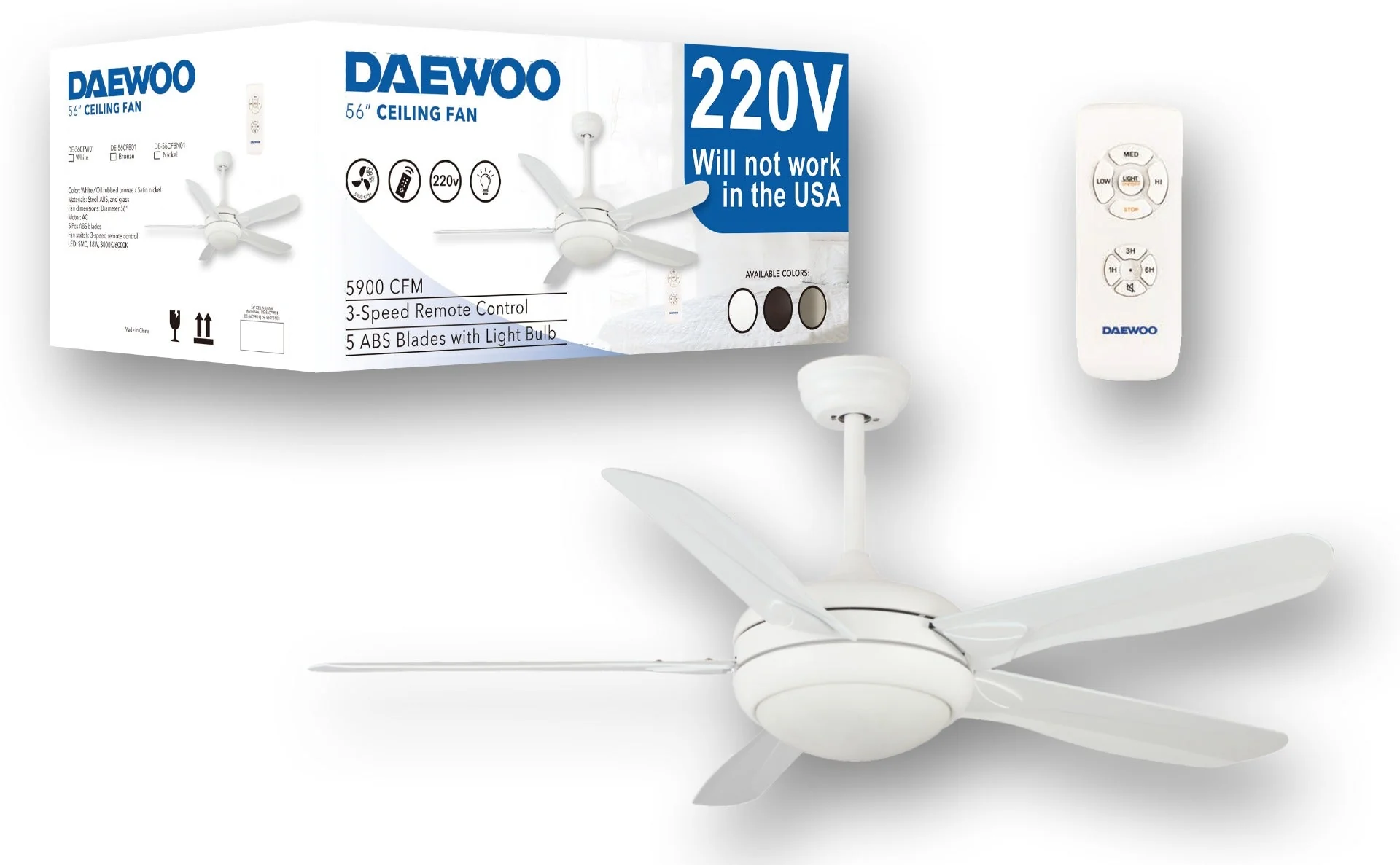 Daewoo 220 volt ceiling fan White with LED light remote 5 blades 220v 240 volts 50 hz DE-56CFW01