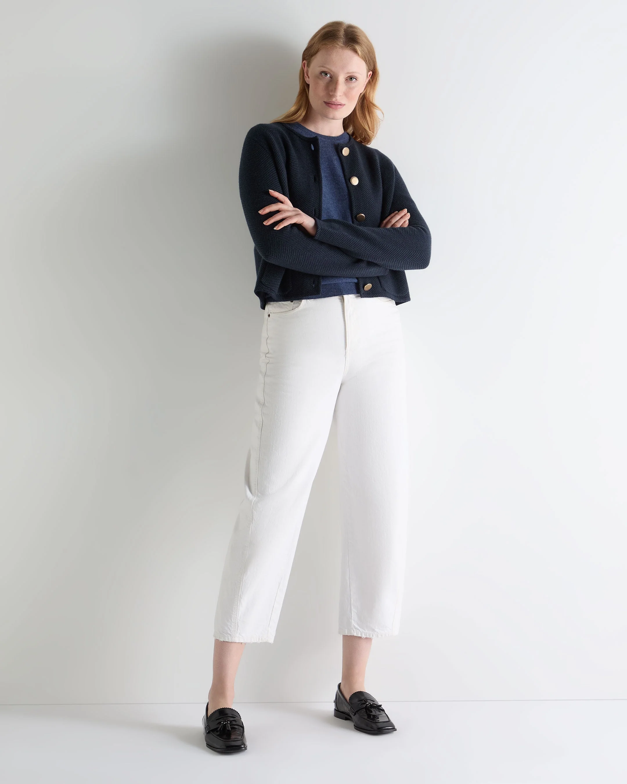 Women's Collarless Jacquard Cashmere Jacket Navy Blue