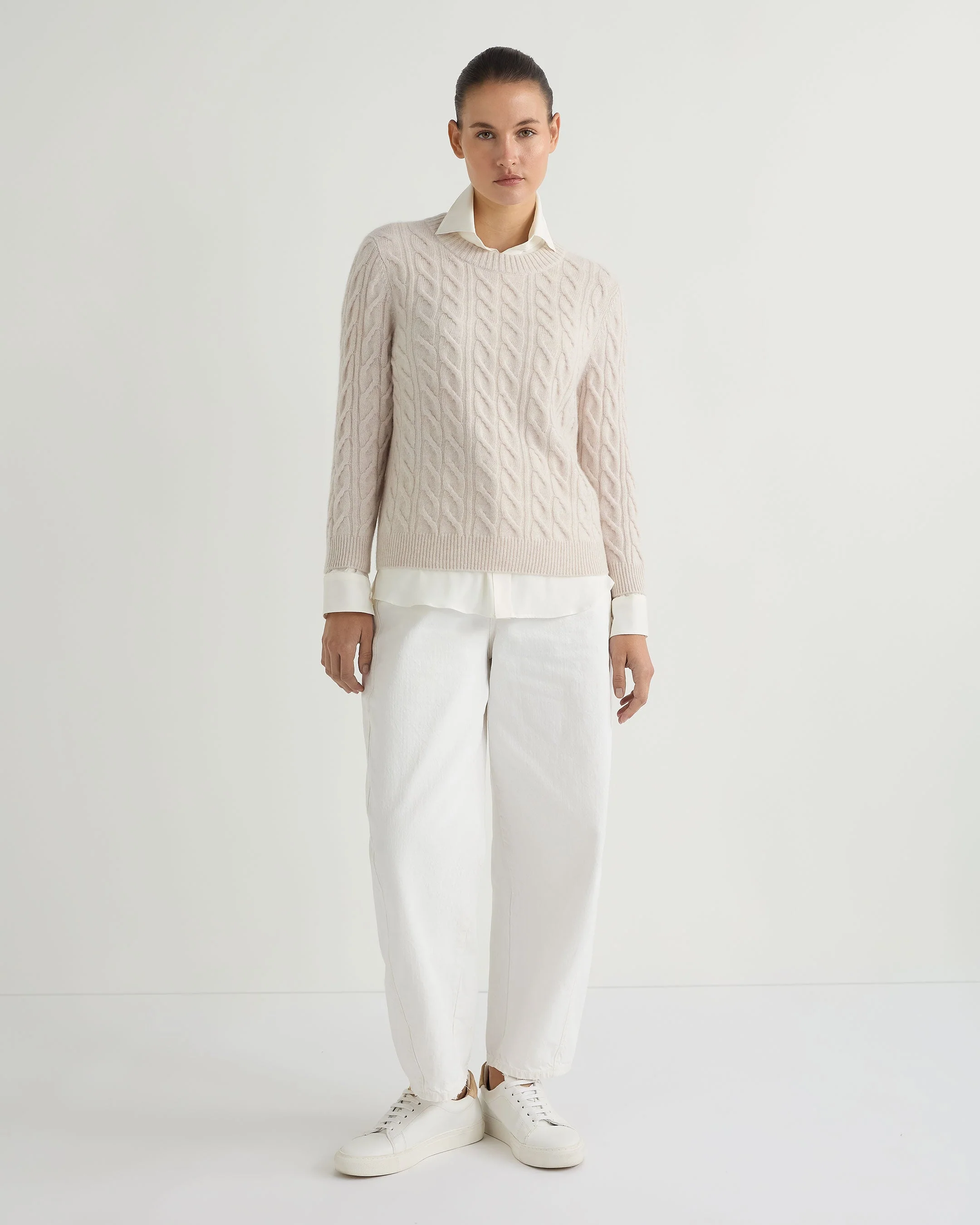 Women's Emilia Cable Round Neck Cashmere Sweater Frost White