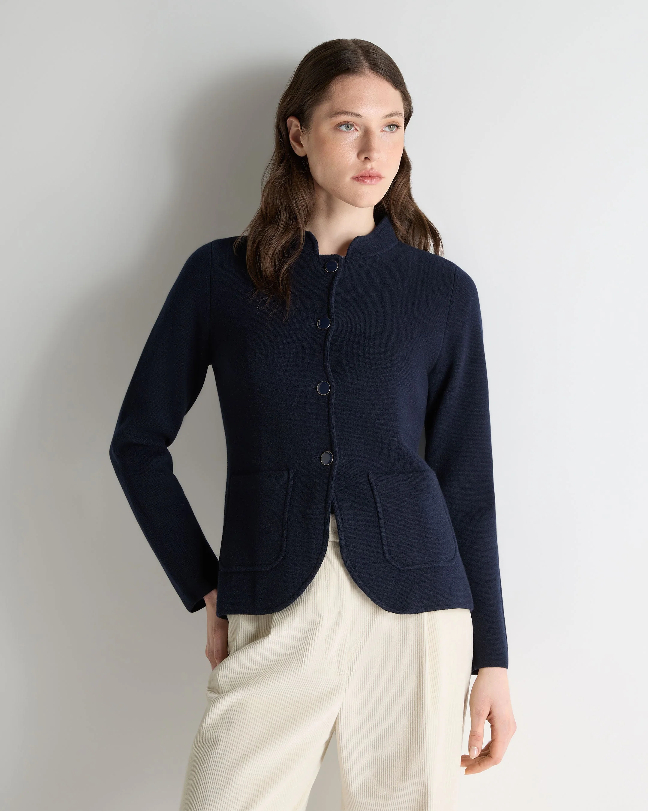 Women's Nehru Collar Cashmere Jacket Navy Blue