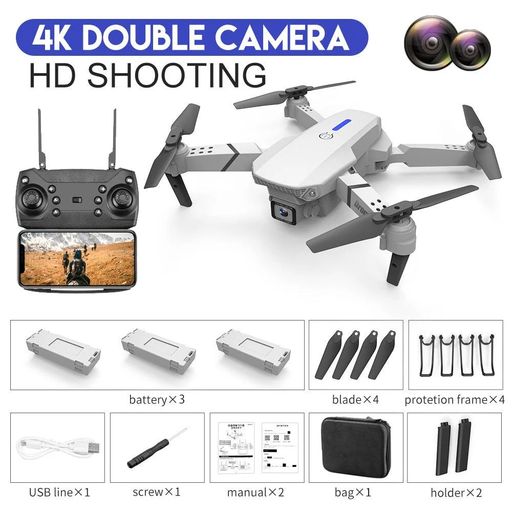 E88 Pro Drone - 2023 New Drone 4K Wide Angle HD Camera Foldable RC Helicopter WIFI FPV Height Hold Gift Toy