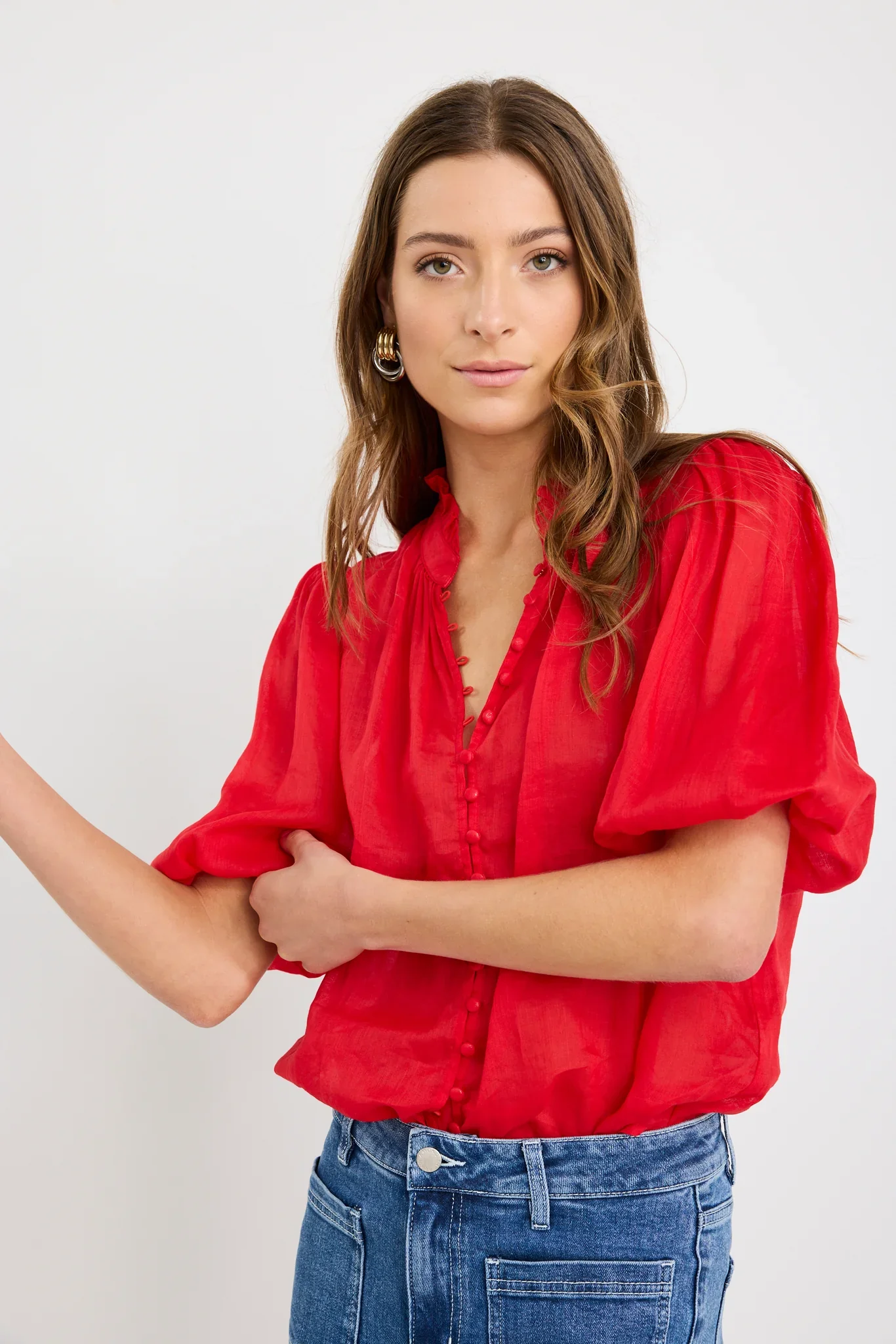 Continuance Poppy Ramie High Neck Buttoned SS Top