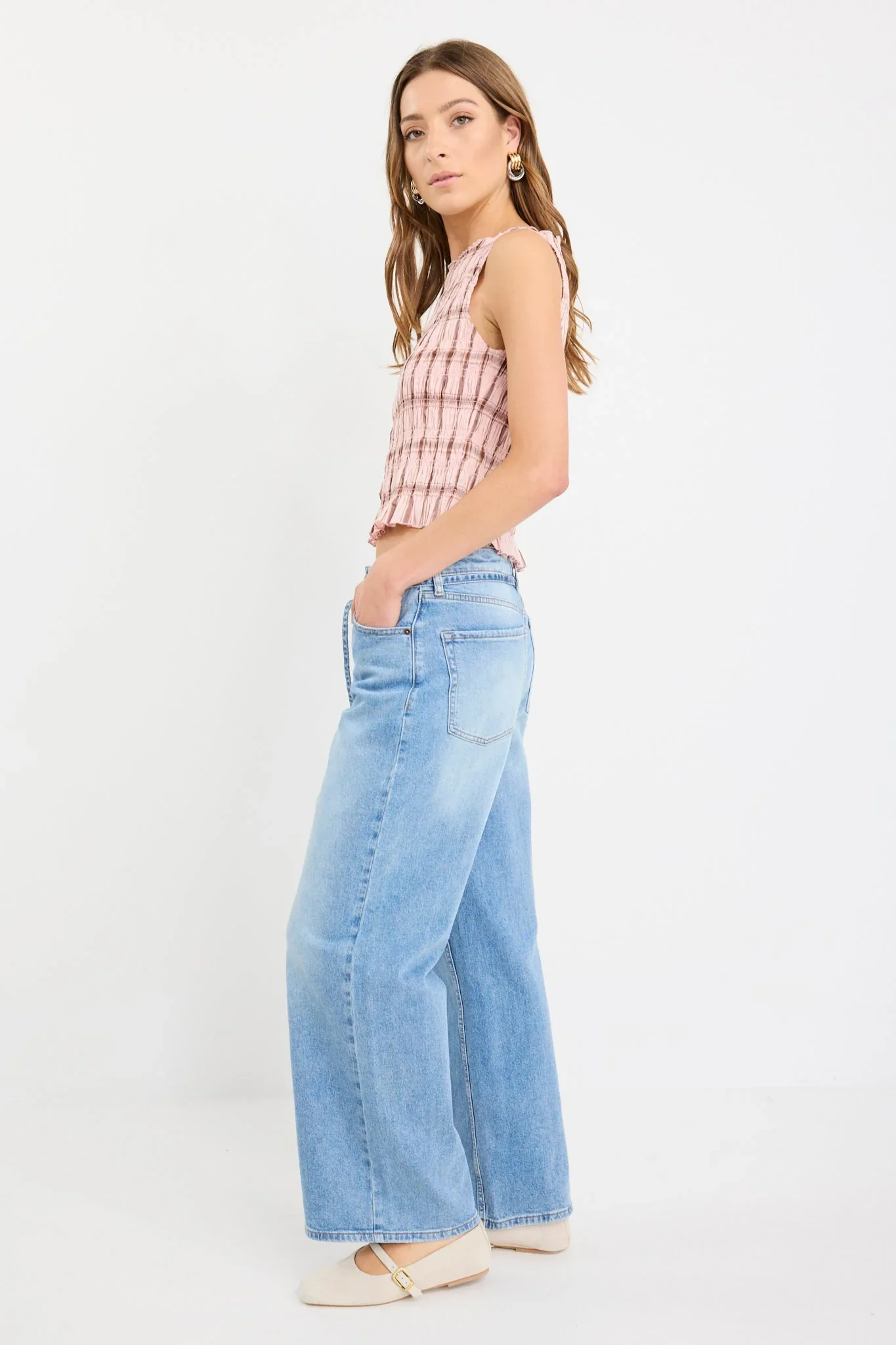 Forsaken Blush Pink Check Shirred Top