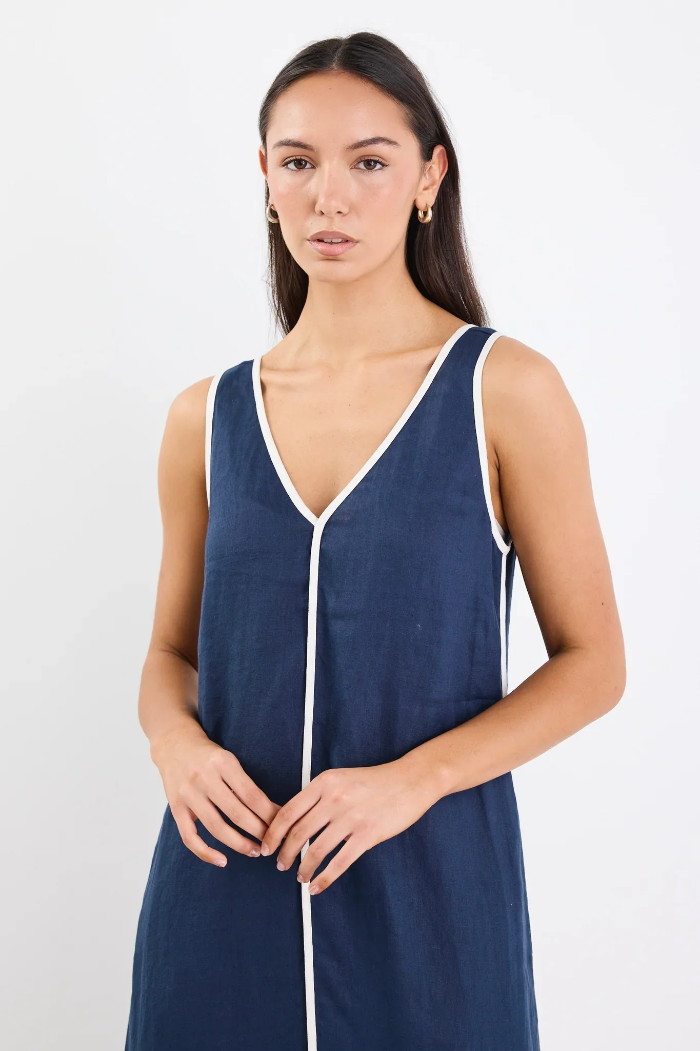 Siesta Navy Linen Contrast Sleeveless Maxi Dress