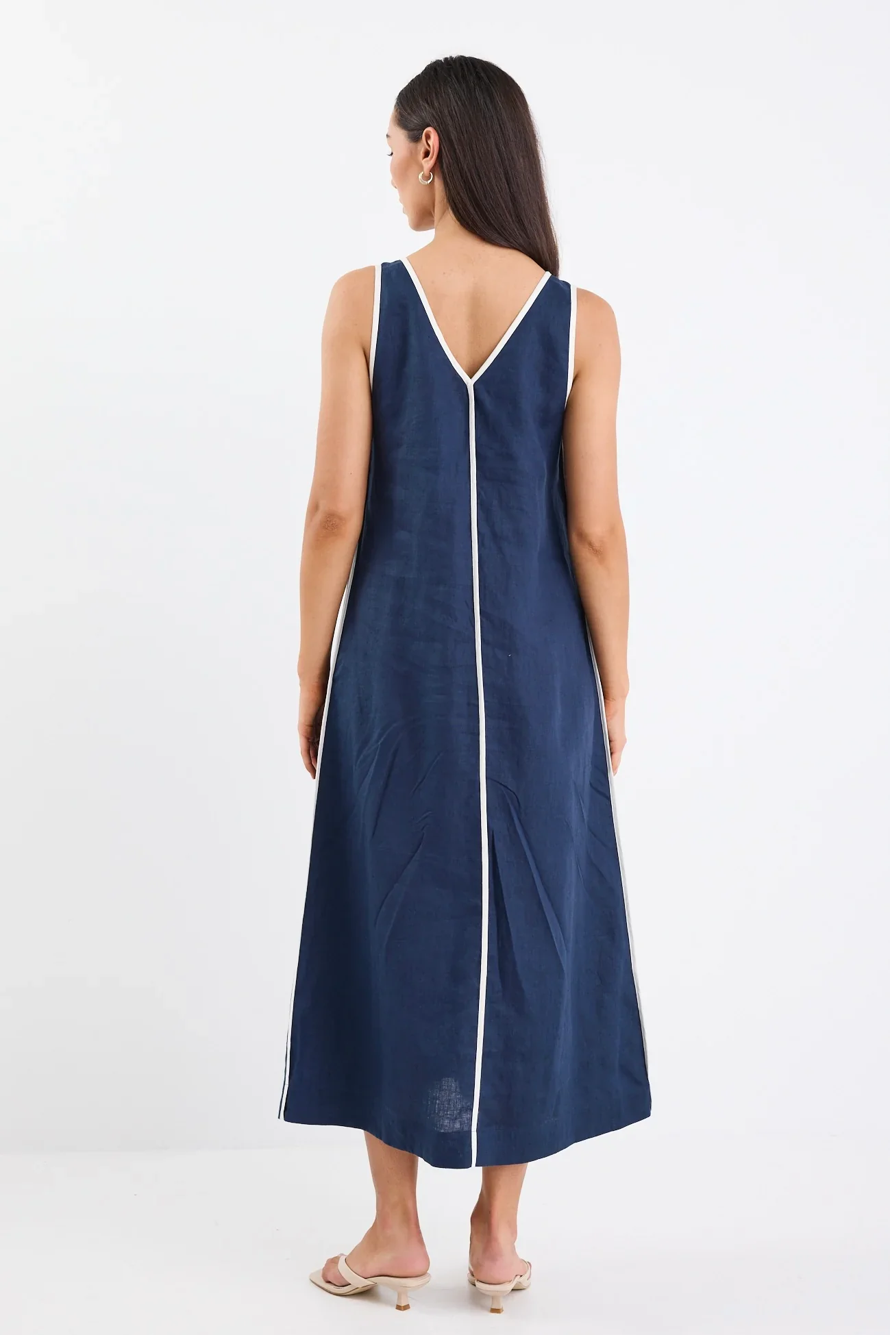 Siesta Navy Linen Contrast Sleeveless Maxi Dress