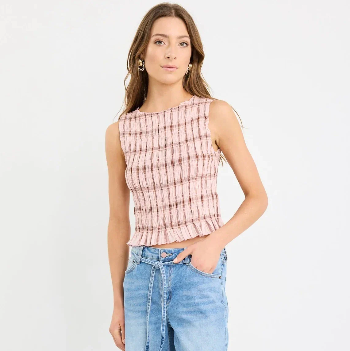 Forsaken Blush Pink Check Shirred Top