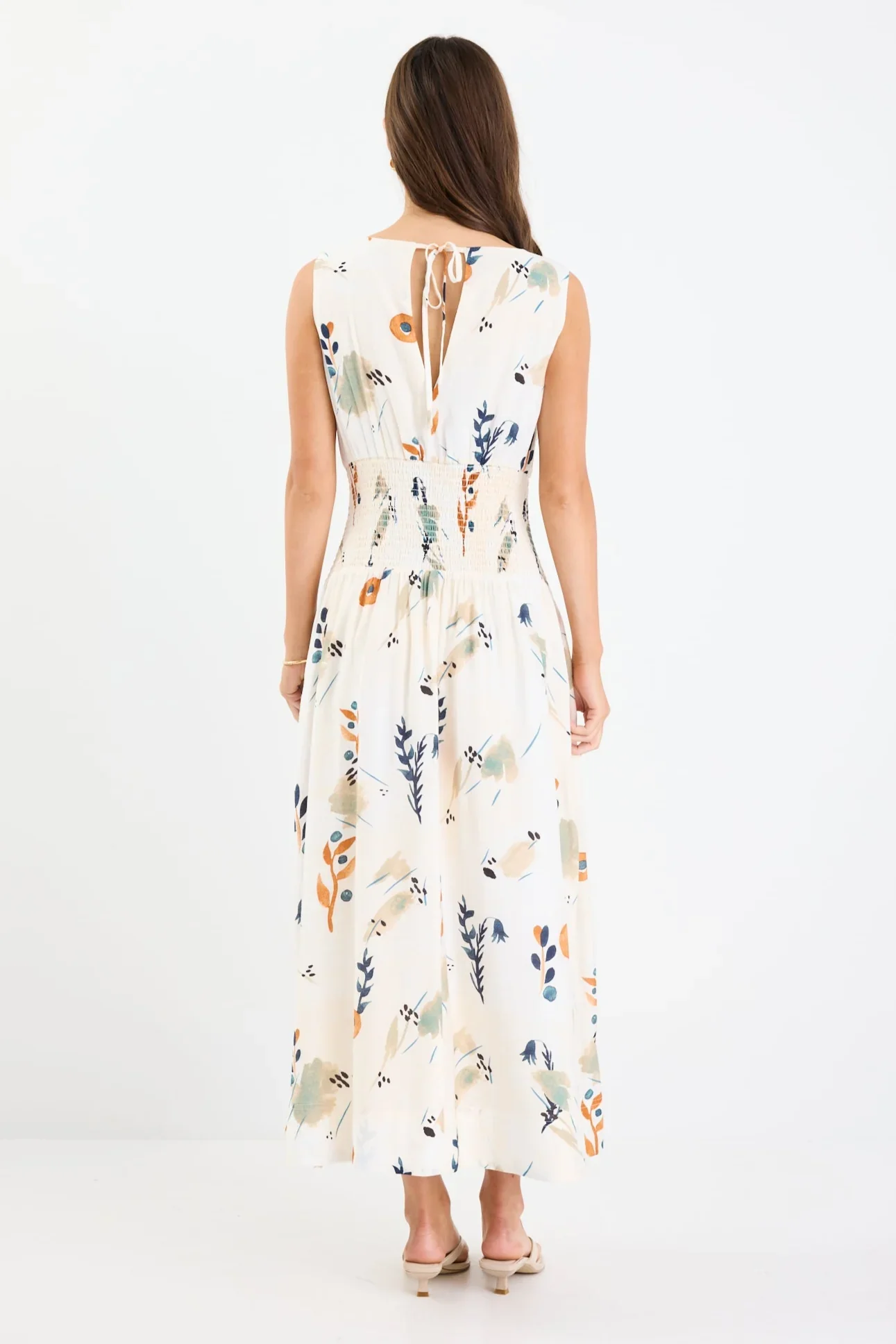 Duchess Earthy Botanical Sleeveless Shirred Waist Maxi Dress