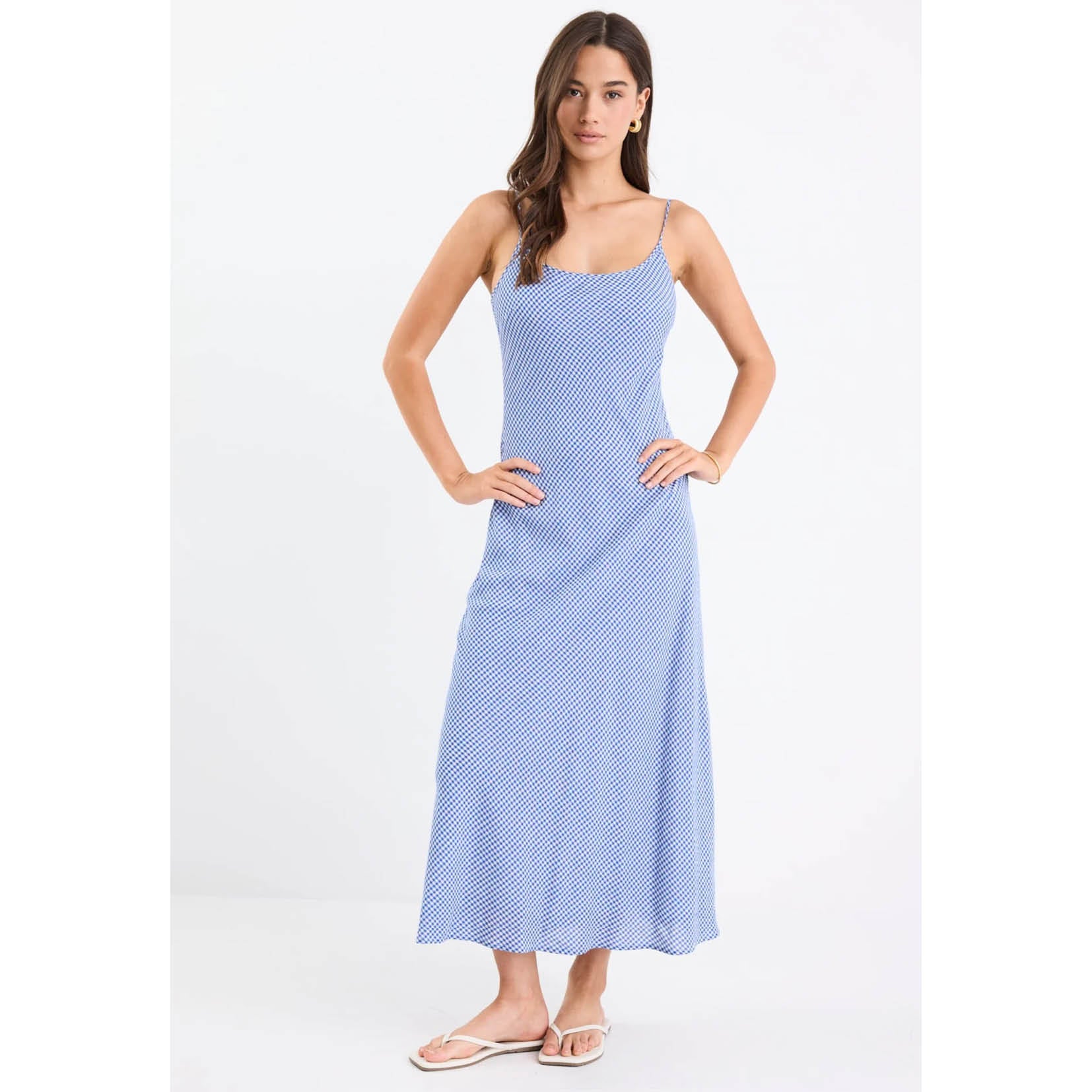 Hologram Electric Blue Mini Gingham Strappy Bias Slip Maxi Dress