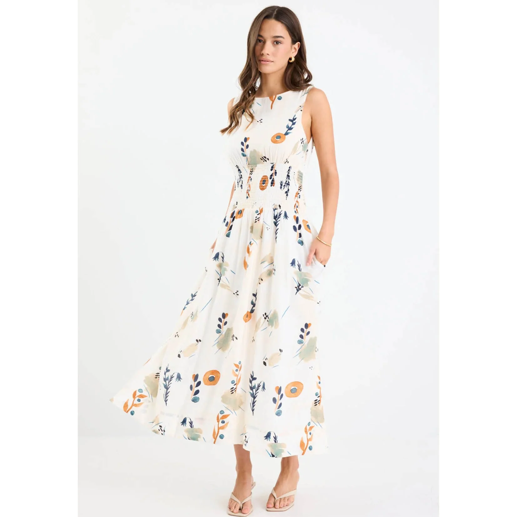 Duchess Earthy Botanical Sleeveless Shirred Waist Maxi Dress