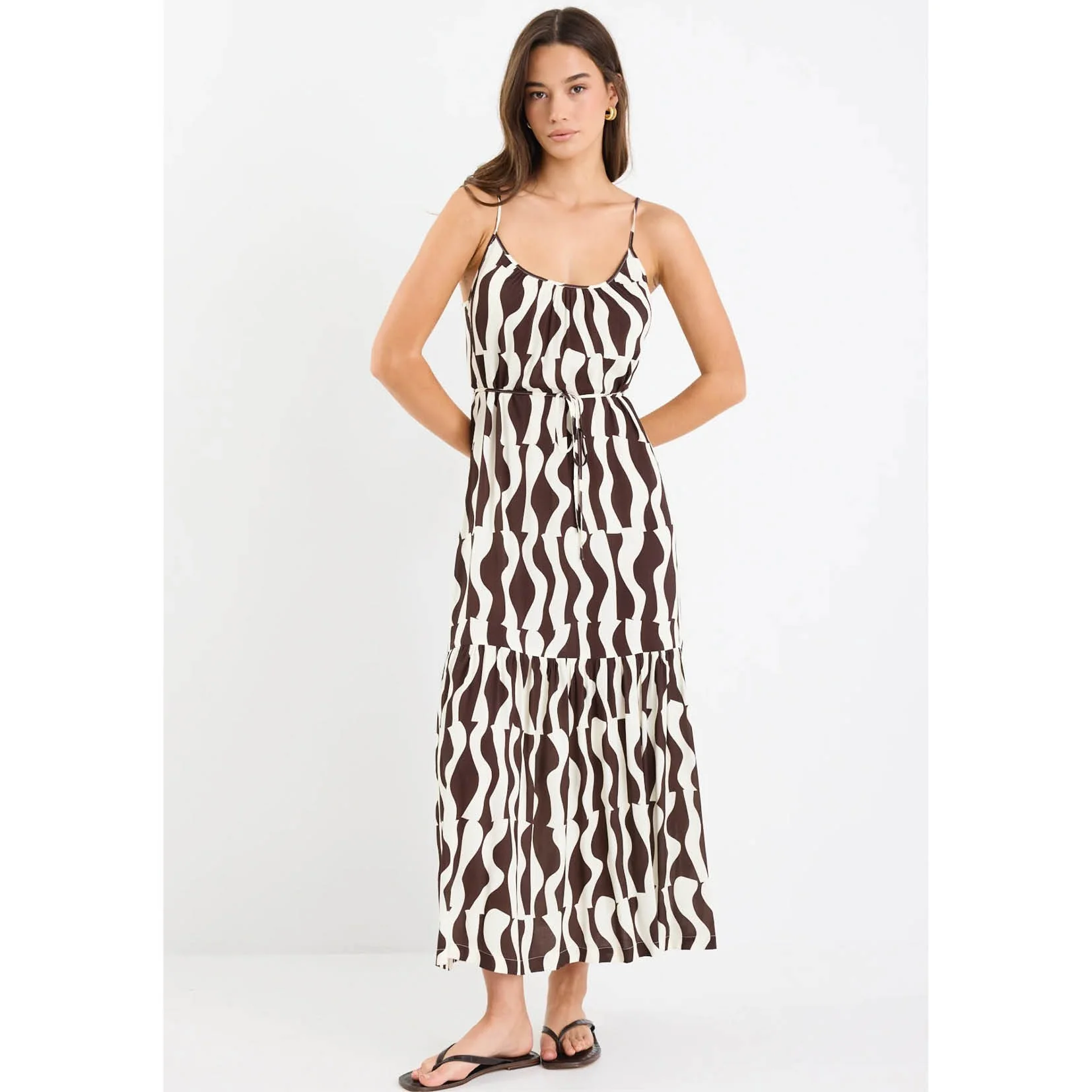 Relax Chocolate Geo Strappy Tiered Midi Dress