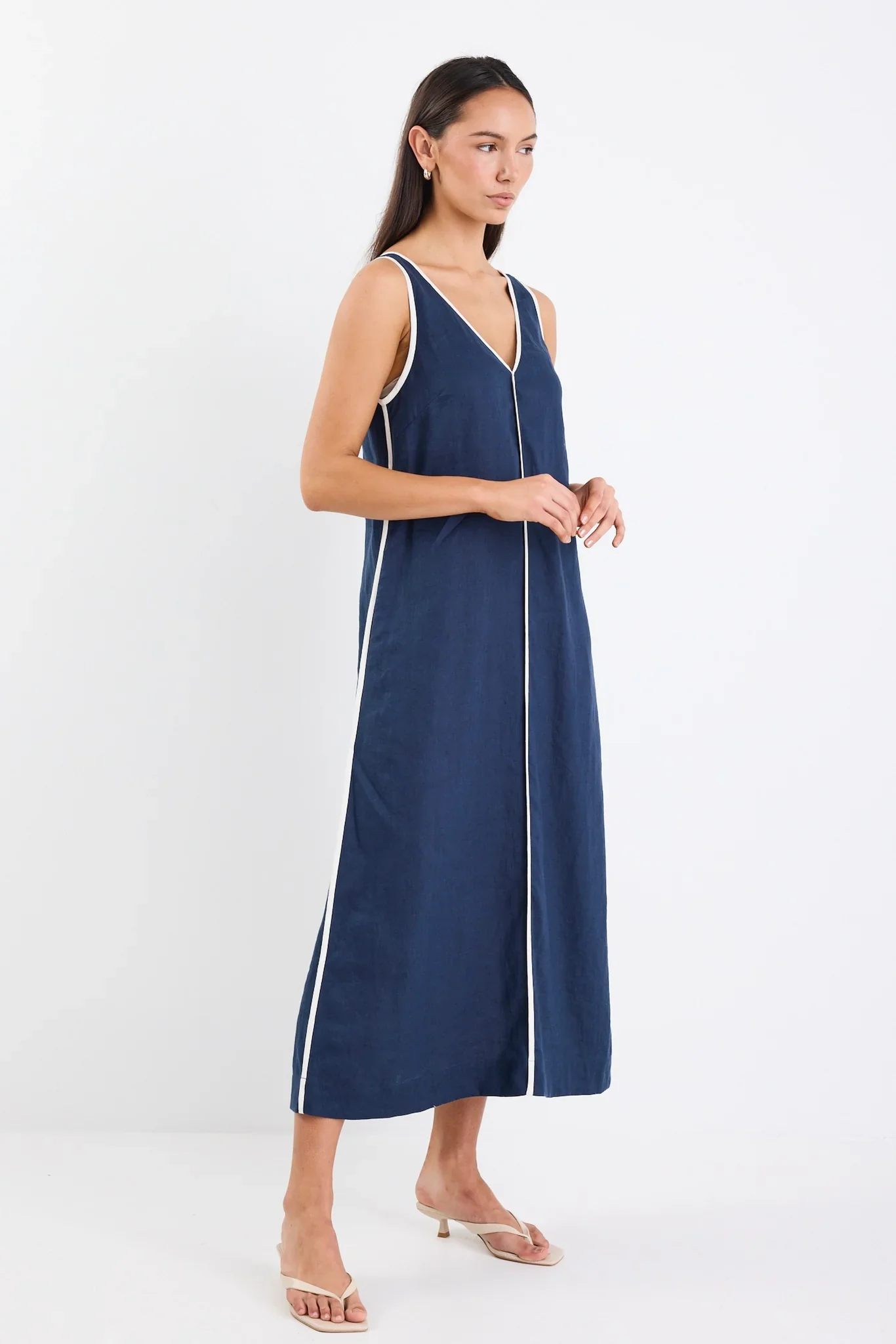 Siesta Navy Linen Contrast Sleeveless Maxi Dress