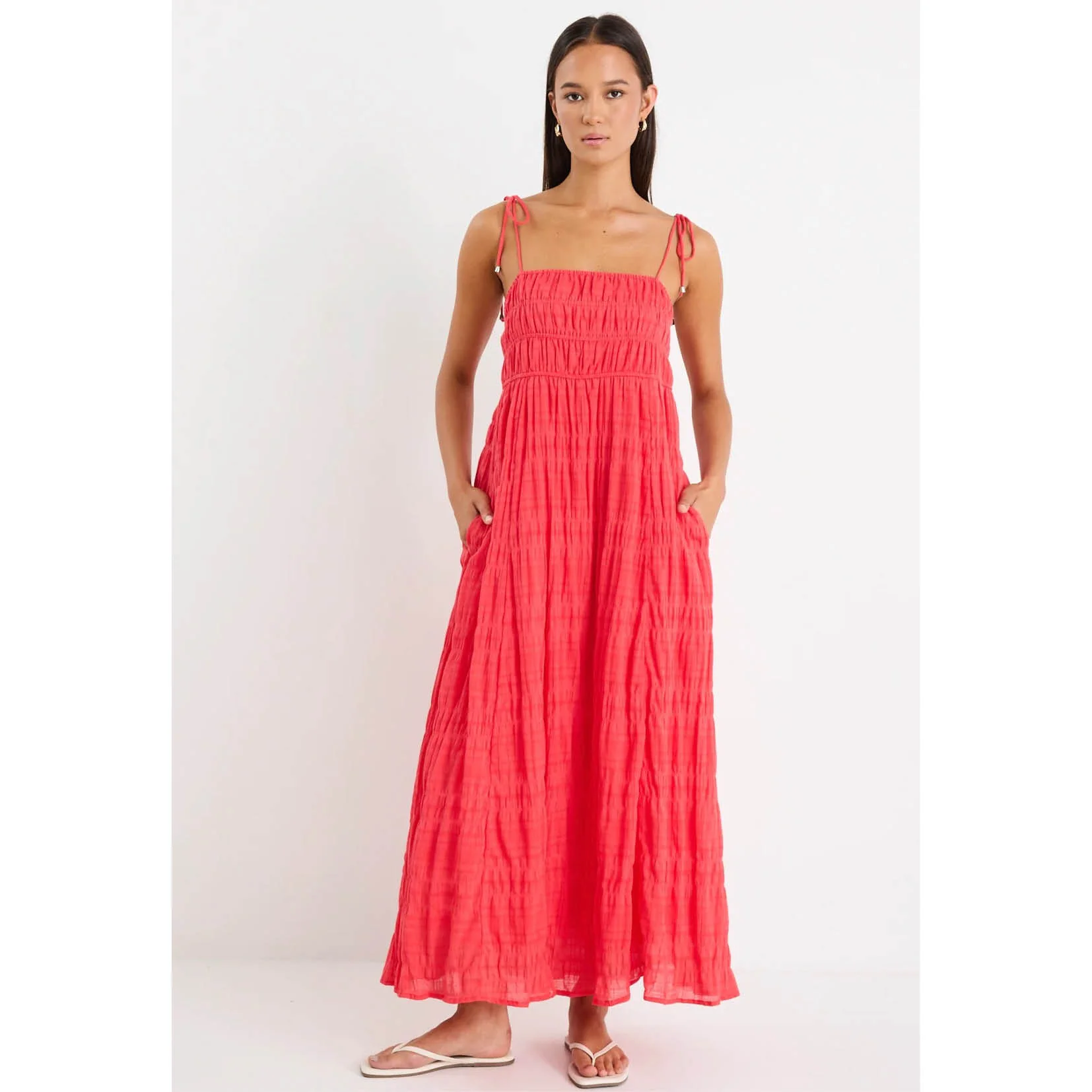 Offshore Poppy Cotton Shirred Strappy Maxi Dress