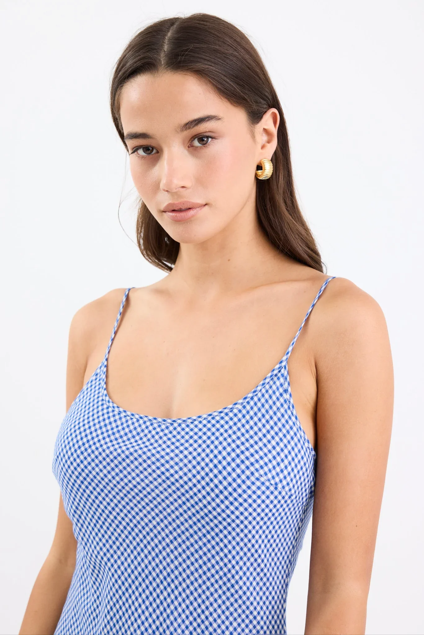 Hologram Electric Blue Mini Gingham Strappy Bias Slip Maxi Dress