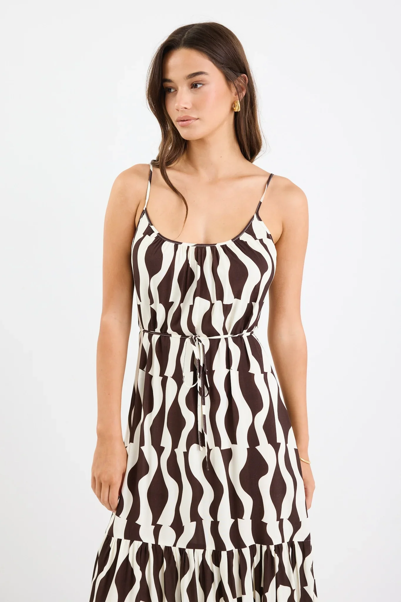 Relax Chocolate Geo Strappy Tiered Midi Dress