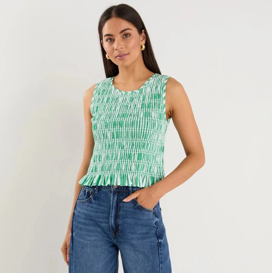 Lonely Green Stripe Shirred Shell Top