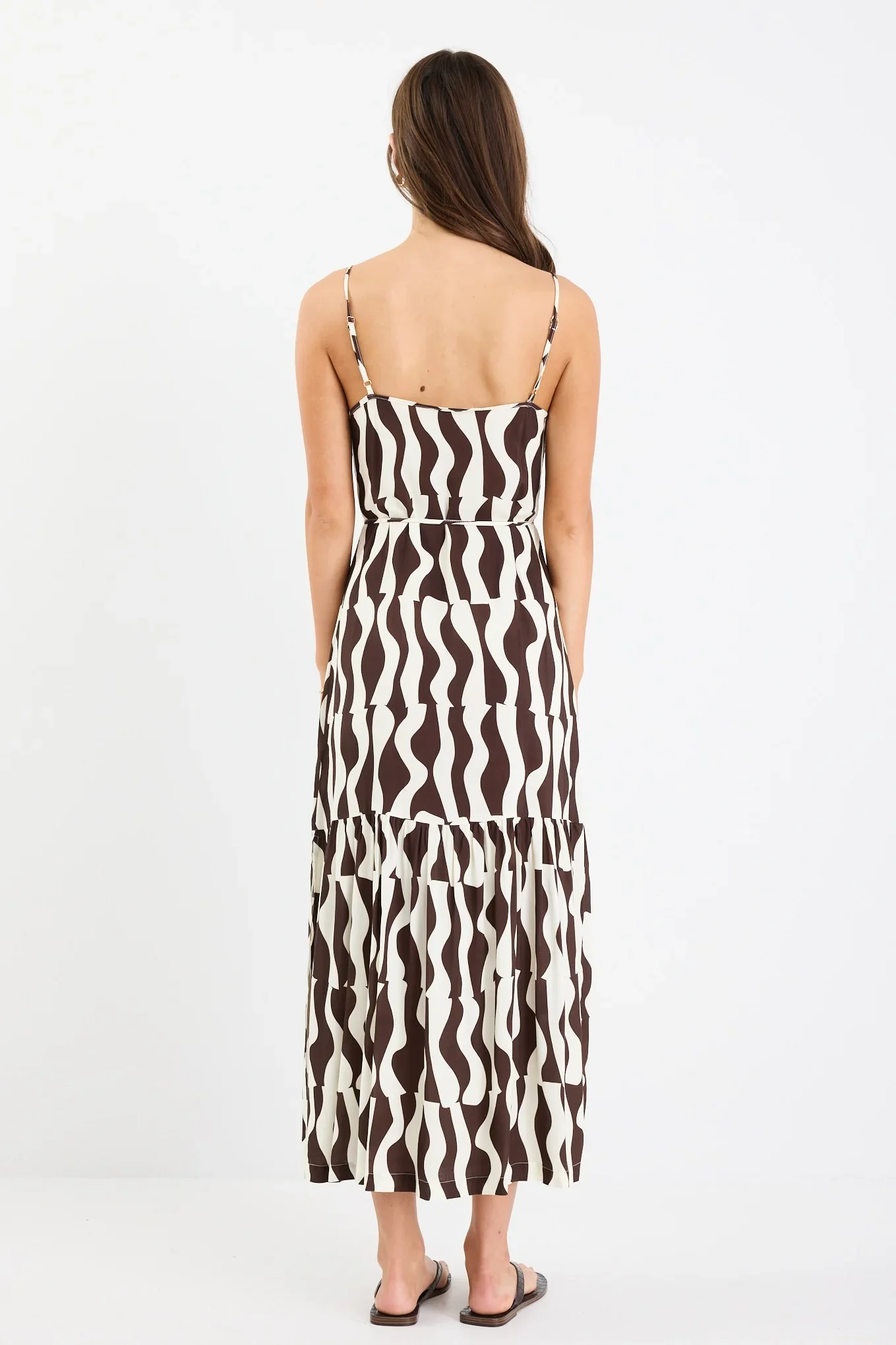 Relax Chocolate Geo Strappy Tiered Midi Dress