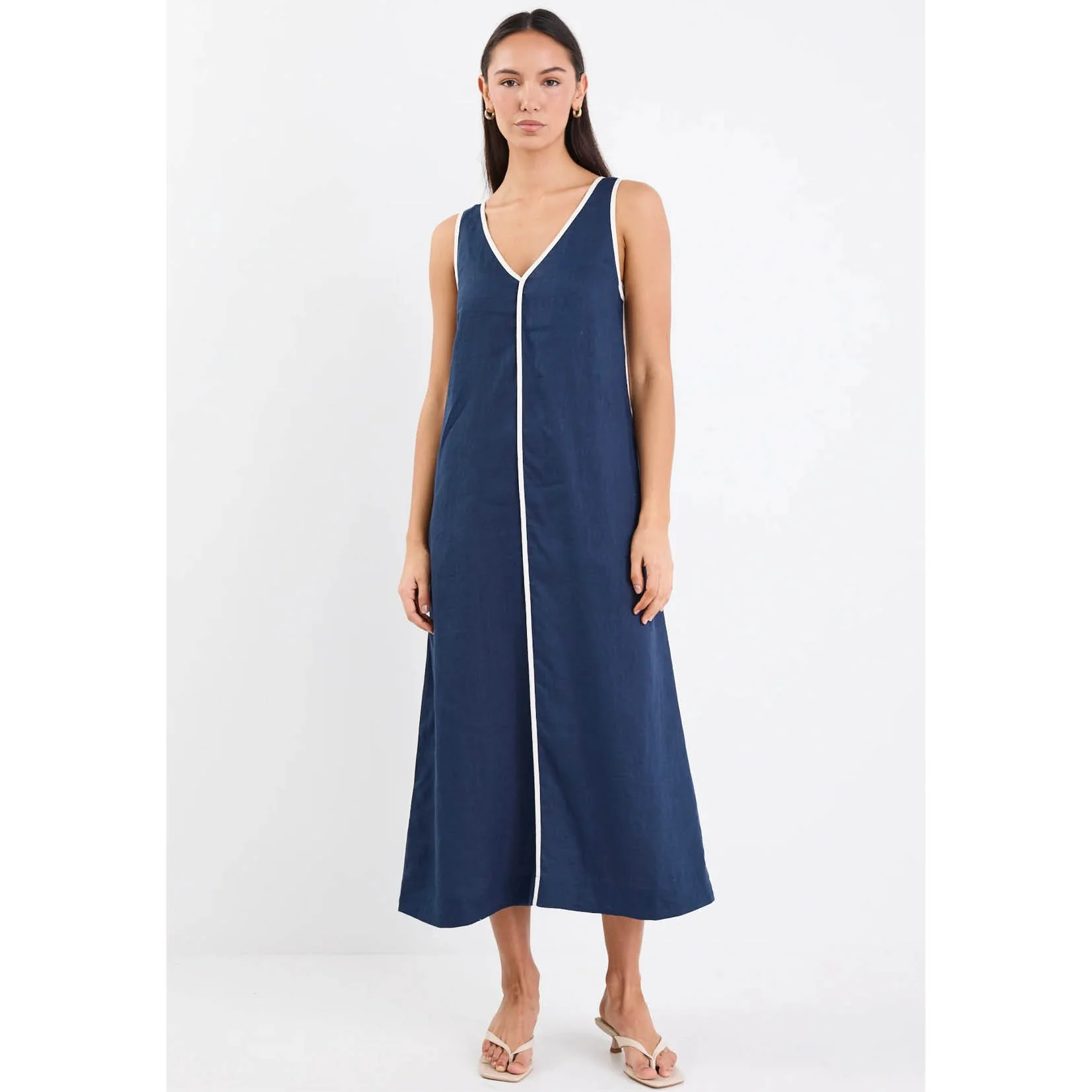 Siesta Navy Linen Contrast Sleeveless Maxi Dress