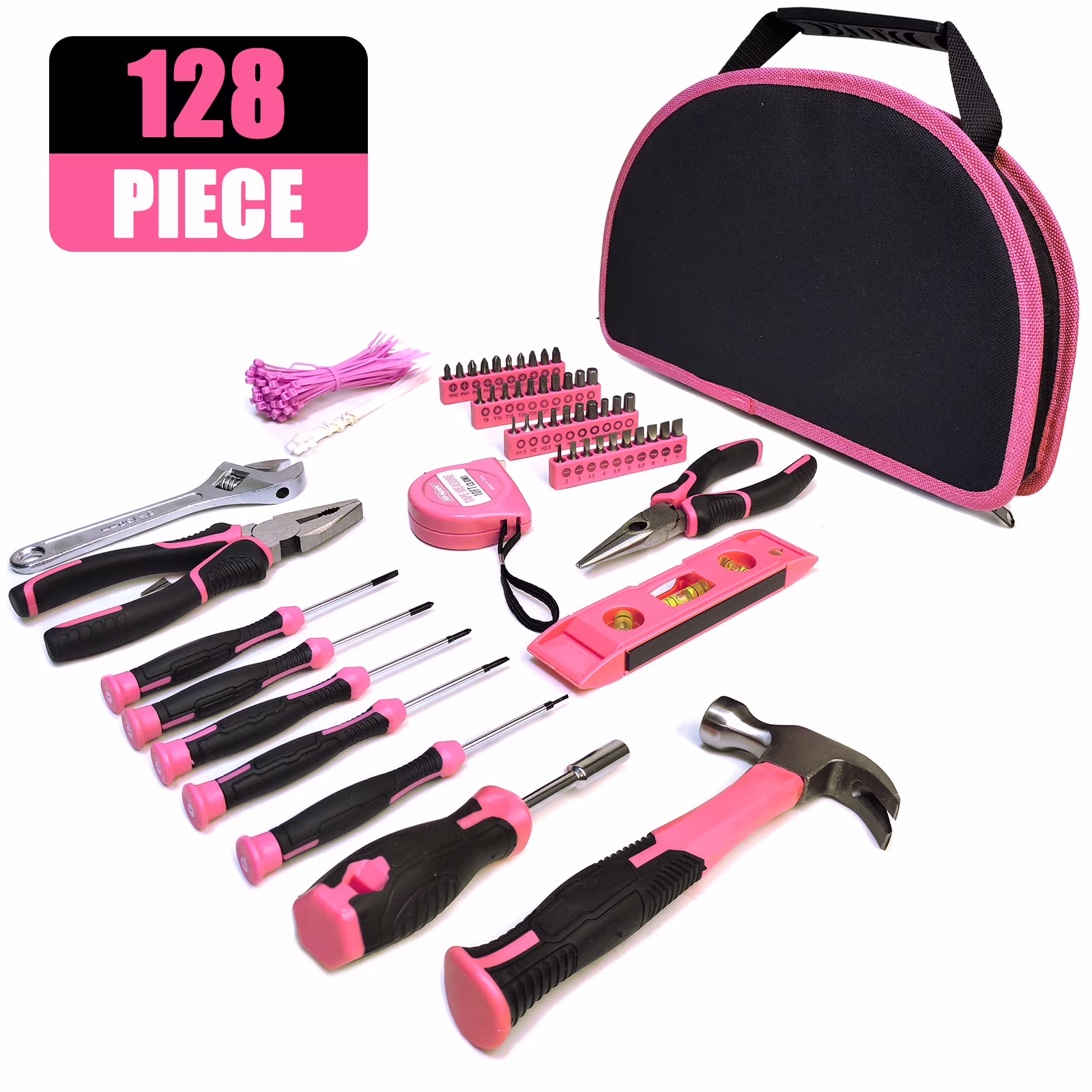 128-Piece Pink Tool Set, Tool Kit for Women whit with Easy Carrying Round Pouch, Household Tool Kit Perfect for DIY, Mini Tool Box for Home Maintenance, DIY, Gifts