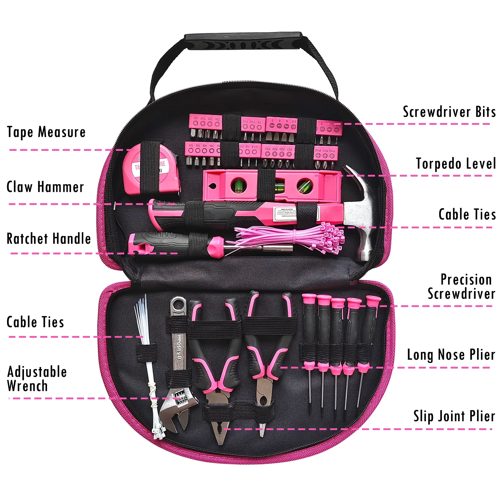 128-Piece Pink Tool Set, Tool Kit for Women whit with Easy Carrying Round Pouch, Household Tool Kit Perfect for DIY, Mini Tool Box for Home Maintenance, DIY, Gifts