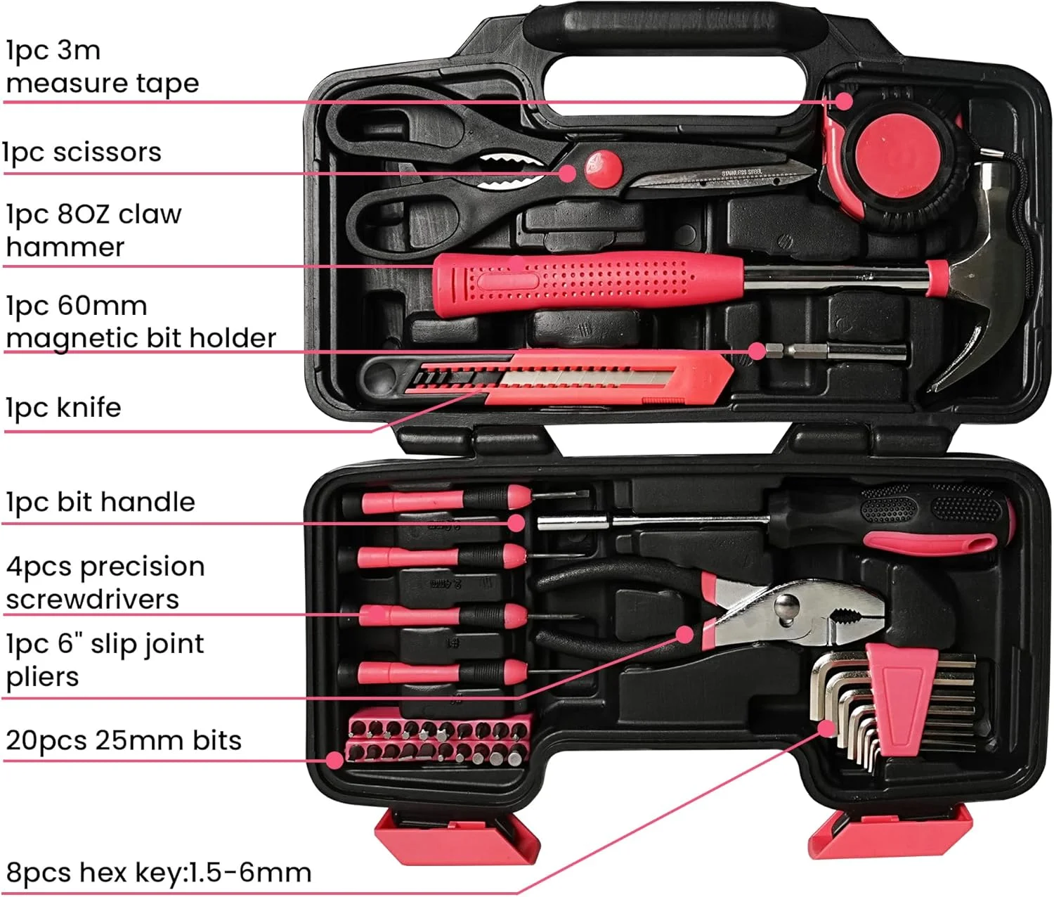 39-Piece Pink Tool Set for Women Household Small Tool Set ToolBox Storage for Home Repairs Hand Tool Kit for Office and College Dorm
