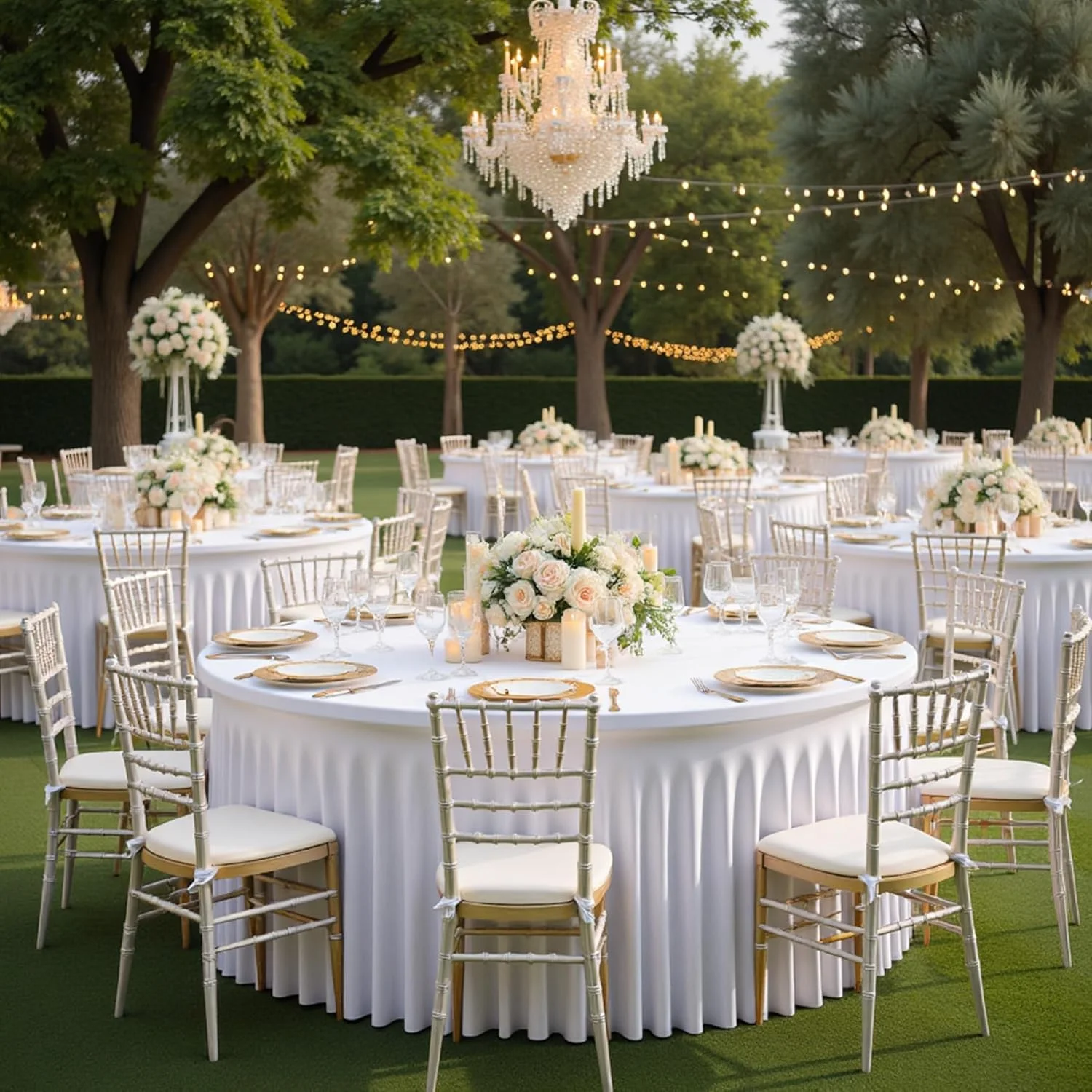 4Pack White Round Spandex Tablecloths for 60 inch Table, Stretchy Wrinkle Free 120inch Fitted 5FT Round Table Cloths Cover with Skirt for Wedding Birthday Party Dining Banquet Events