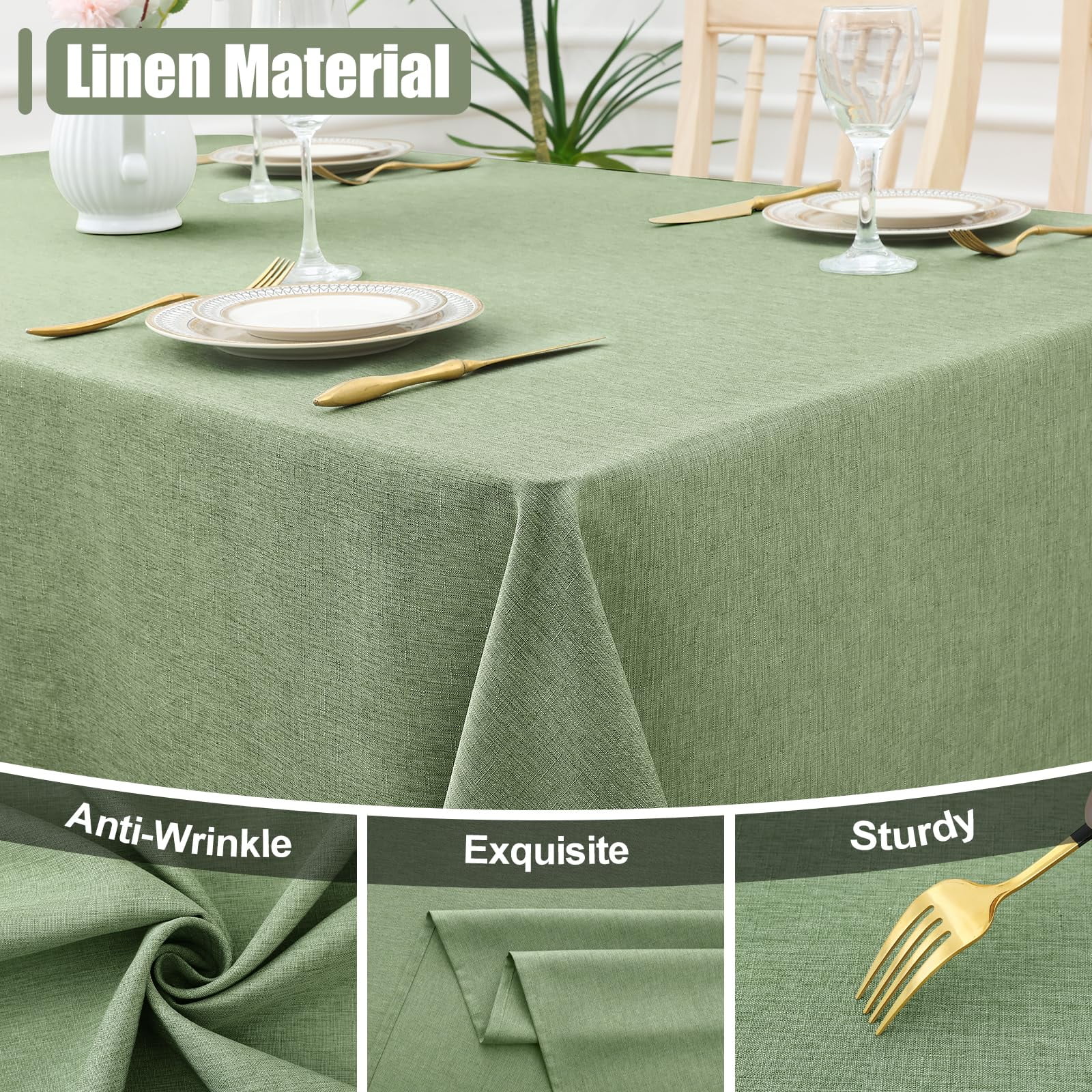 Spillproof linen tablecloth waterproof anti-wrinkle, washable burlap fabric table cover for dining, kitchen, wedding, party, banquet, 52 x 70 inches, sage green