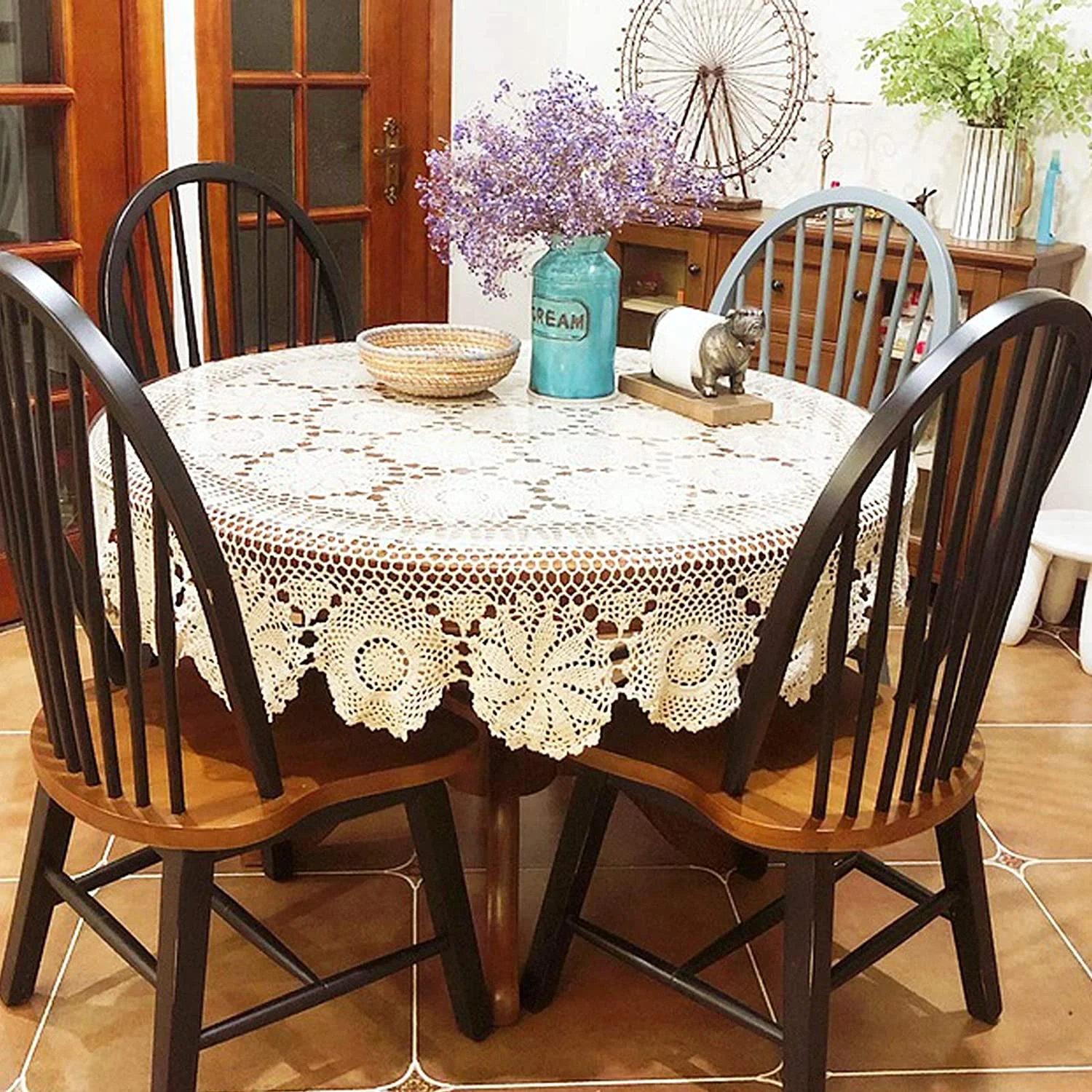 52 inch Table Cloth Round Vintage Crochet Lace Cotton Round Tablecloth for Wedding Party Family White