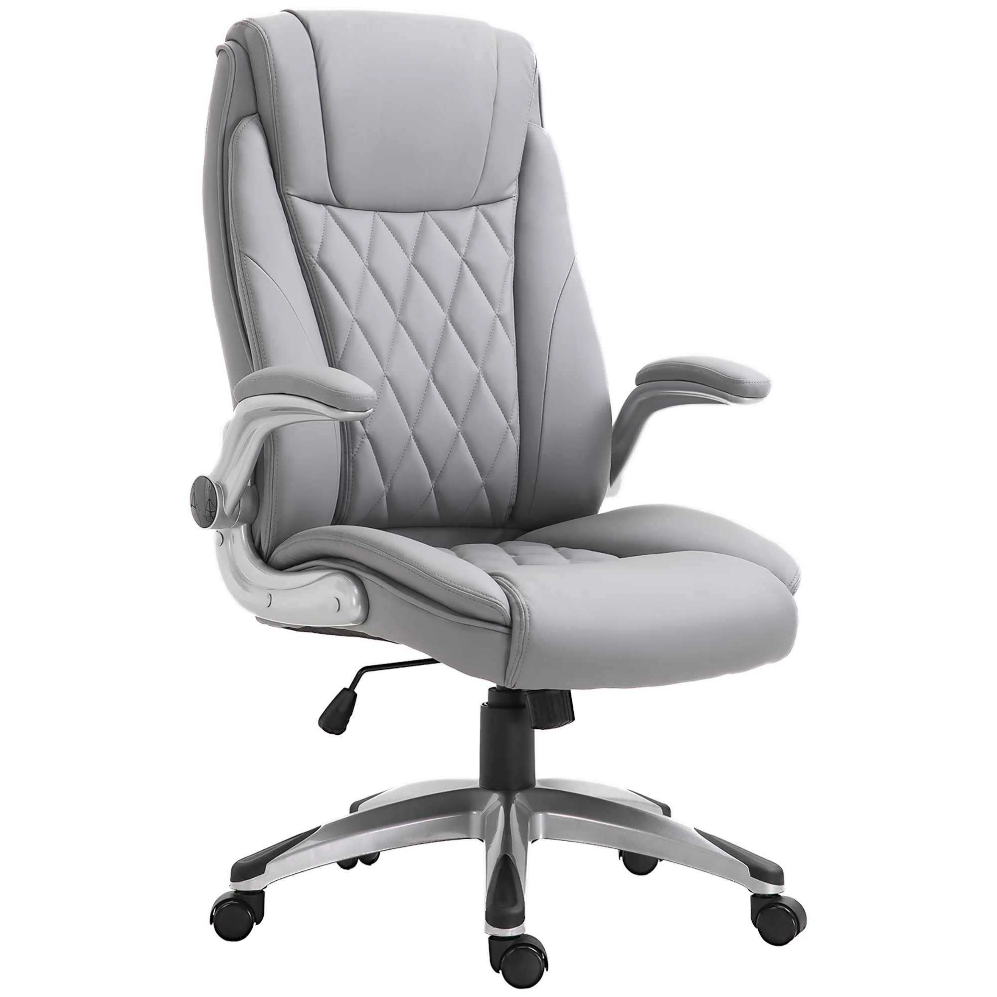 2025 Silla de Oficina de Cuero PU con Reposabrazos Abatibles, Altura Ajustable y Ruedas Giratorias, Gris
