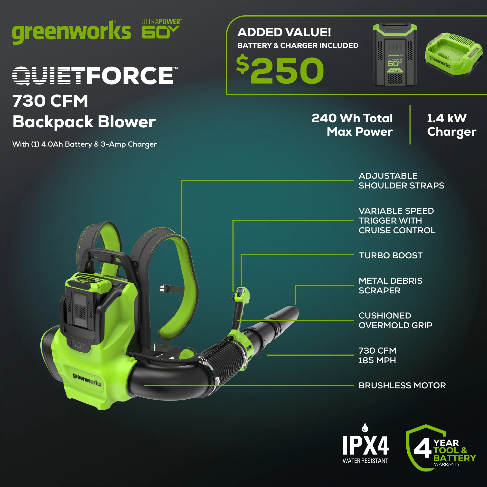 2025 Soplador de mochila inalámbrico 60V 730 CFM con batería de 4.0Ah y cargador 3A