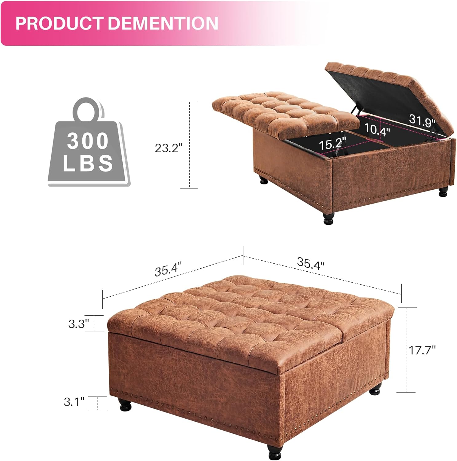 Redlife Puff Almacenaje, Mesa de Café con Ottoman de Almacenamiento, 89.9 cm Gran reposapies Salon, Ottoman Tapizado con Almacenamiento para Sala de Estar (marrón)