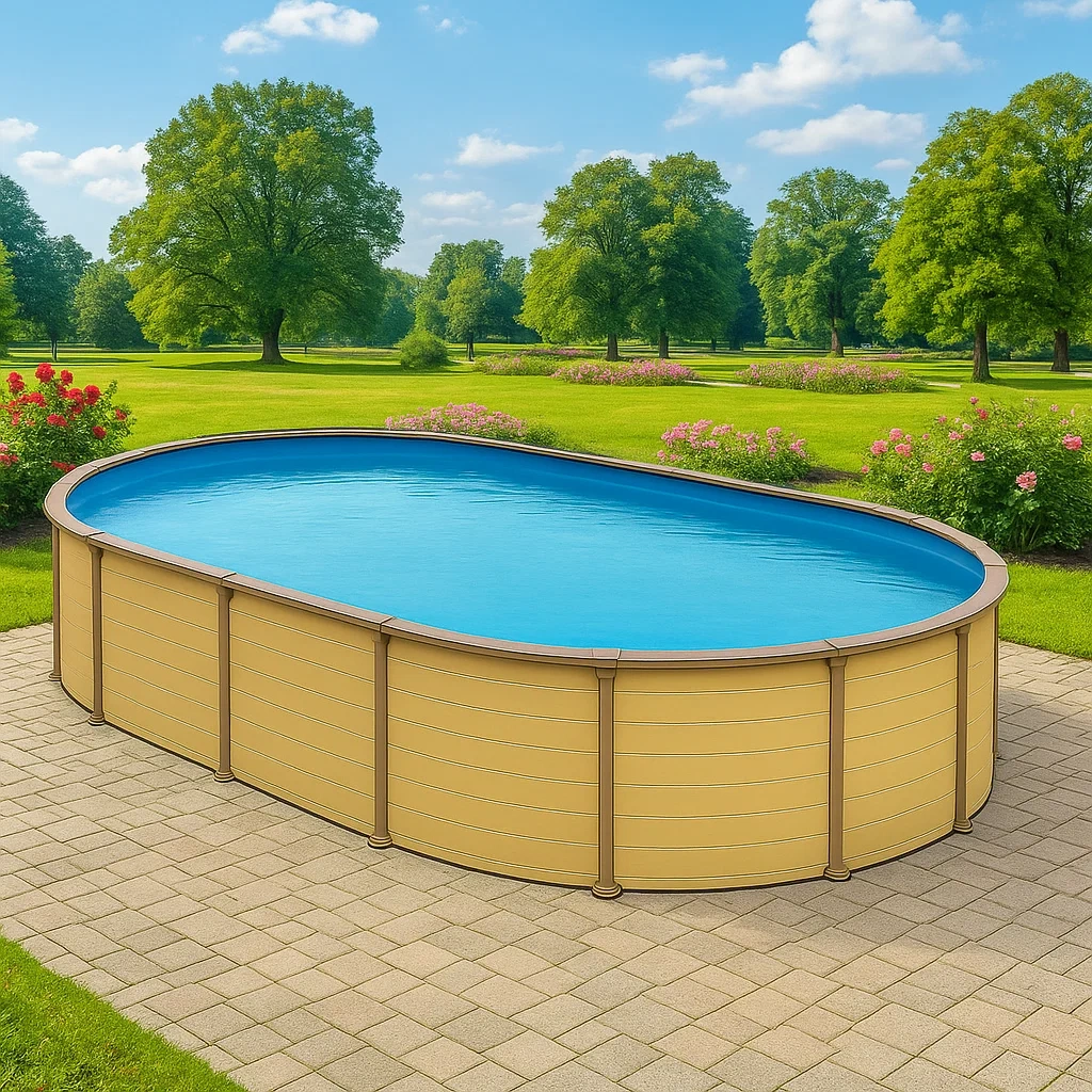 Piscina tubular ovalada desmontable con estructura de acero 418x243x98 cm beige/azul  qUMRAJP125Do