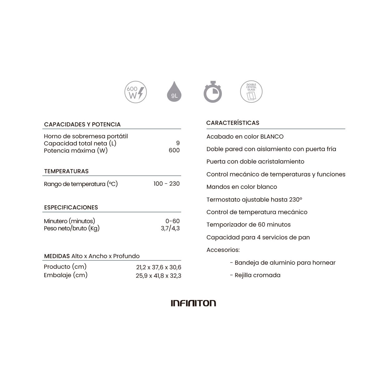 Infiniton Hsm-a9b – Horno Sobremesa, Blanco, 9l, 600w, Doble Acristalamiento, Control De Temperatura, Temporizador 60 Min.