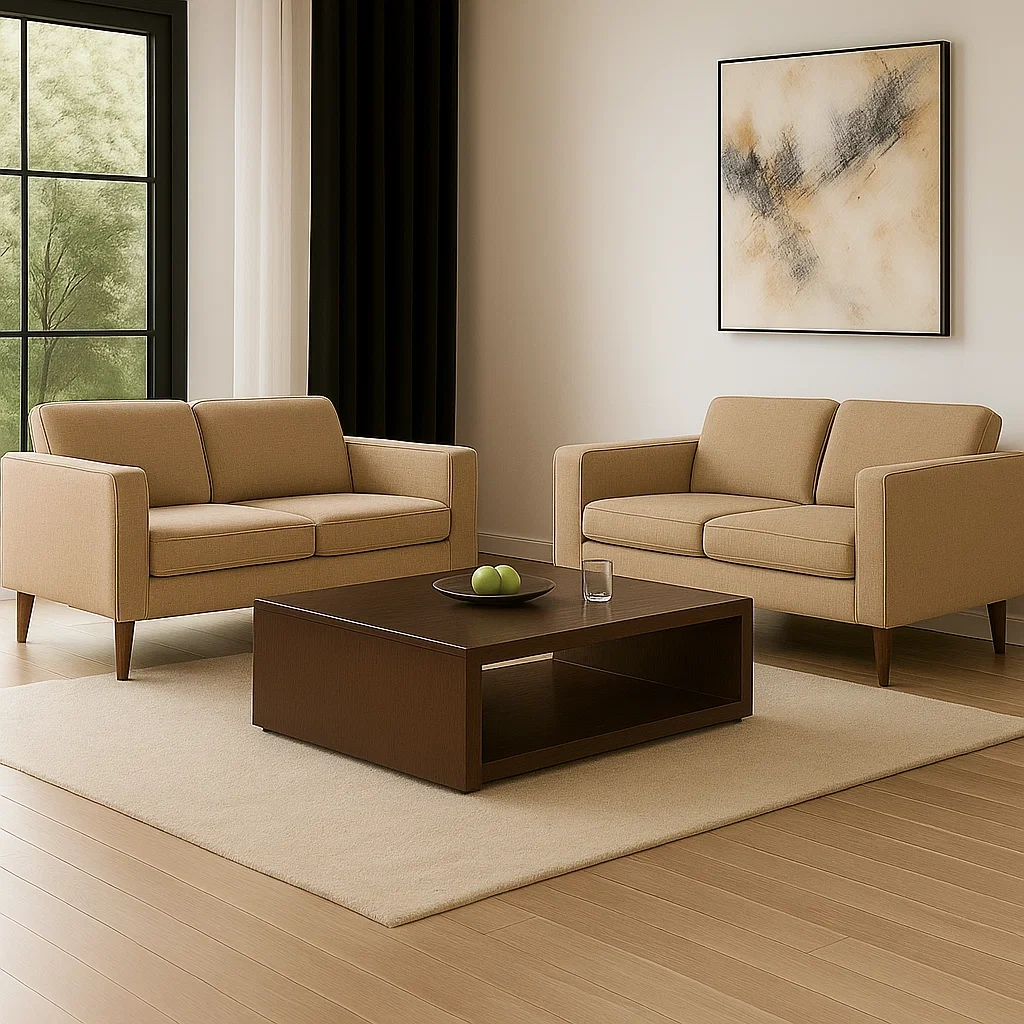 Conjunto sofás 4 plazas,piel sintética,marrón claro,forma de combinación,estructura fija con mesa auxiliar,Tamaño del sofá 160x80x80 cm,Tamaño de la mesa de café 120x40x20 cm,para salón - 9tb3RbL230DV