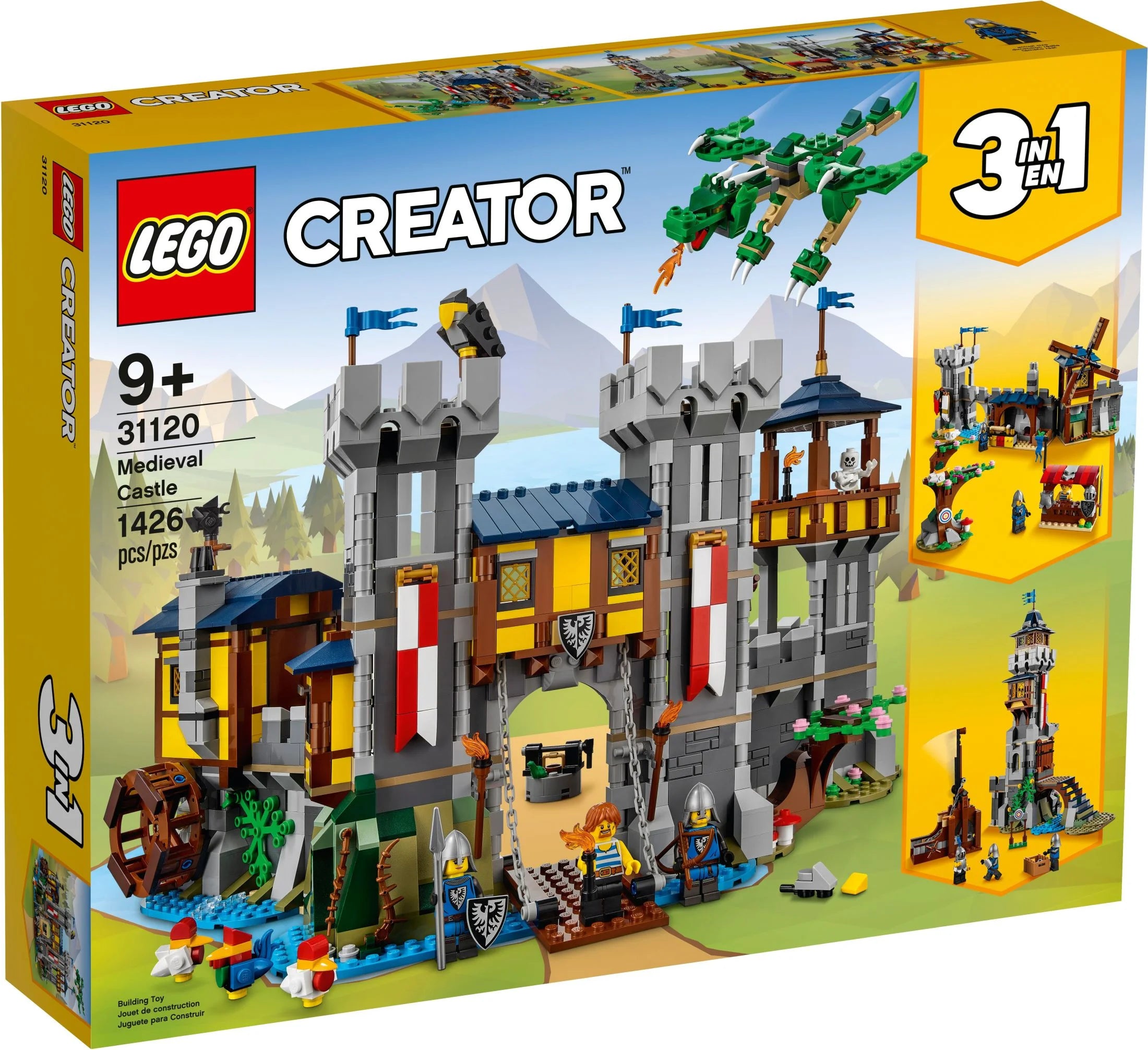 LEGO Creator 3 en 1 Castillo Medieval, Juguete que se Transforma de Castillo a Torre y a Mercado, Incluye Figura de Esqueleto y Dragón, con 3 Minifiguras y Catapulta, 31120