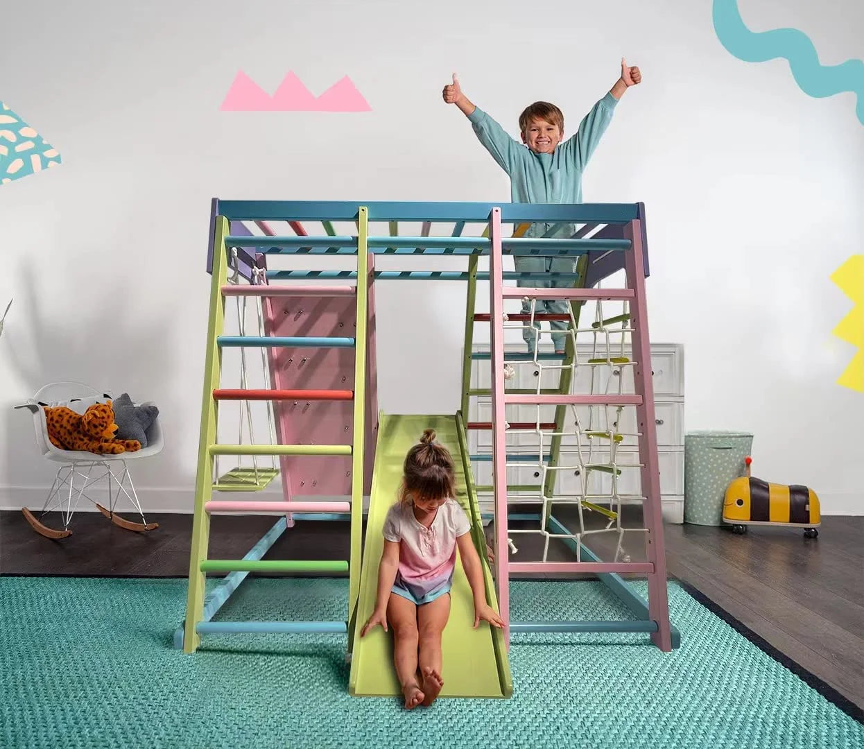 Avenlur Magnolia Parque Infantil Interior Gimnasio Jungle 6 en 1 Estilo Montessori Waldorf Juego de Escalada de Madera con Tobogán, Pared de Escalada, Escalera de Cuerda, Barras de Mono y Columpio para Niños de 2 a 6 años