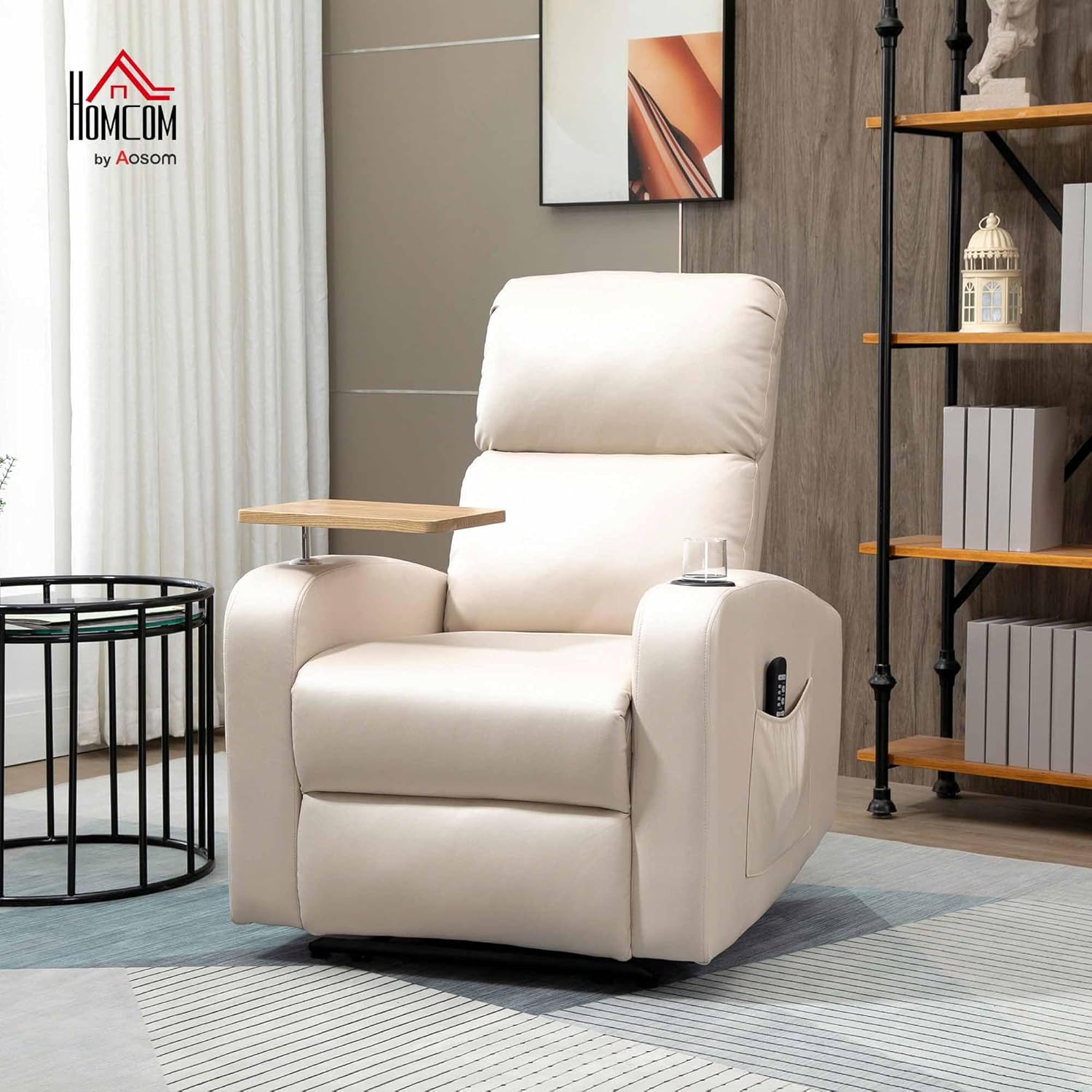 HOMCOM Sillón de Masaje con 8 Puntos de Masaje Sillón Relax Eléctrico Sofá Relax con 4 Modos Reclinación 145° Mando a Distancia Mesita 2 Bolsillos Laterales y Posavasos 77x93x105 cm Beige