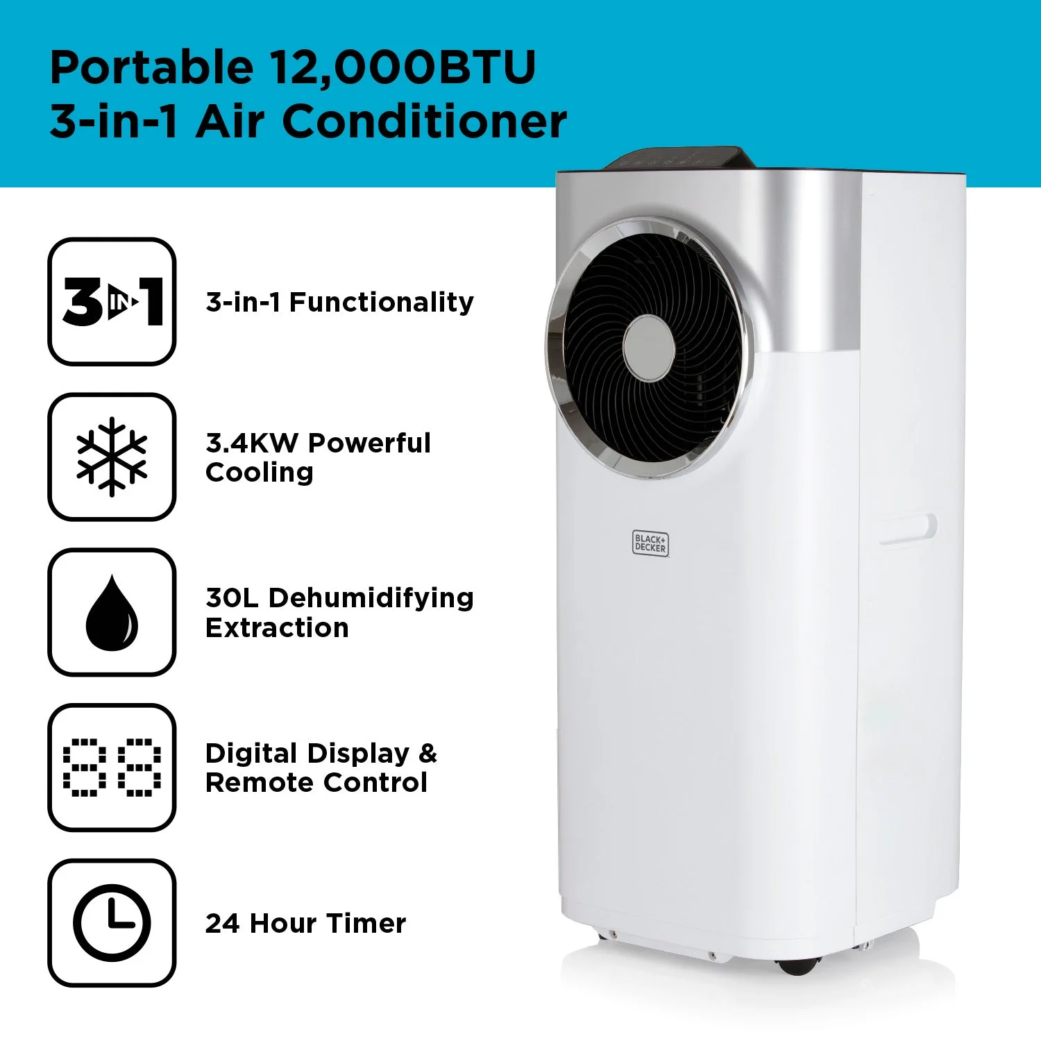 Aire Acondicionado Móvil 3 en 1 Black+Decker BXAC40008GB 12000 BTU Blanco