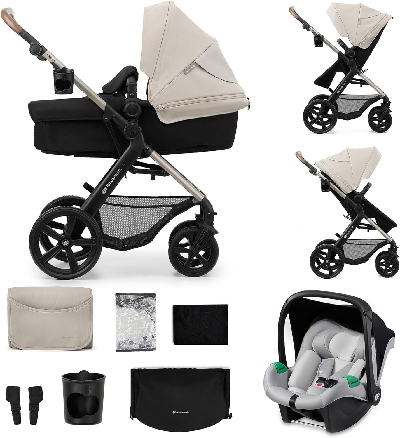Kinderkraft MOOV2 Silla de Coche 3 en 1, EVA, Mink PRO I-Size, Sistema de Viaje, Cochecito para Bebé, Silla de Paseo, Plegable, para Recién Nacido, Desde el Nacimiento hasta los 3 Años, Gris